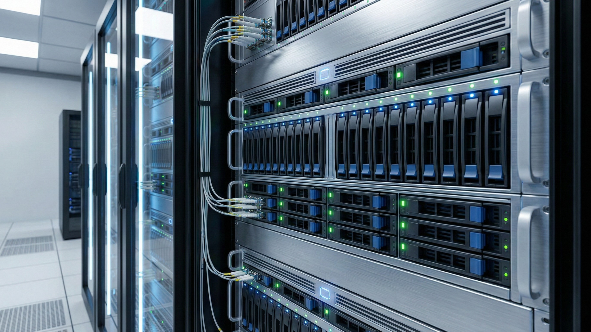 Data center storage servers with SSD/HDD drive bays glowing, symbolizing AI-driven memory demand.
