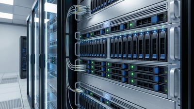 Data center storage servers with SSD/HDD drive bays glowing, symbolizing AI-driven memory demand.
