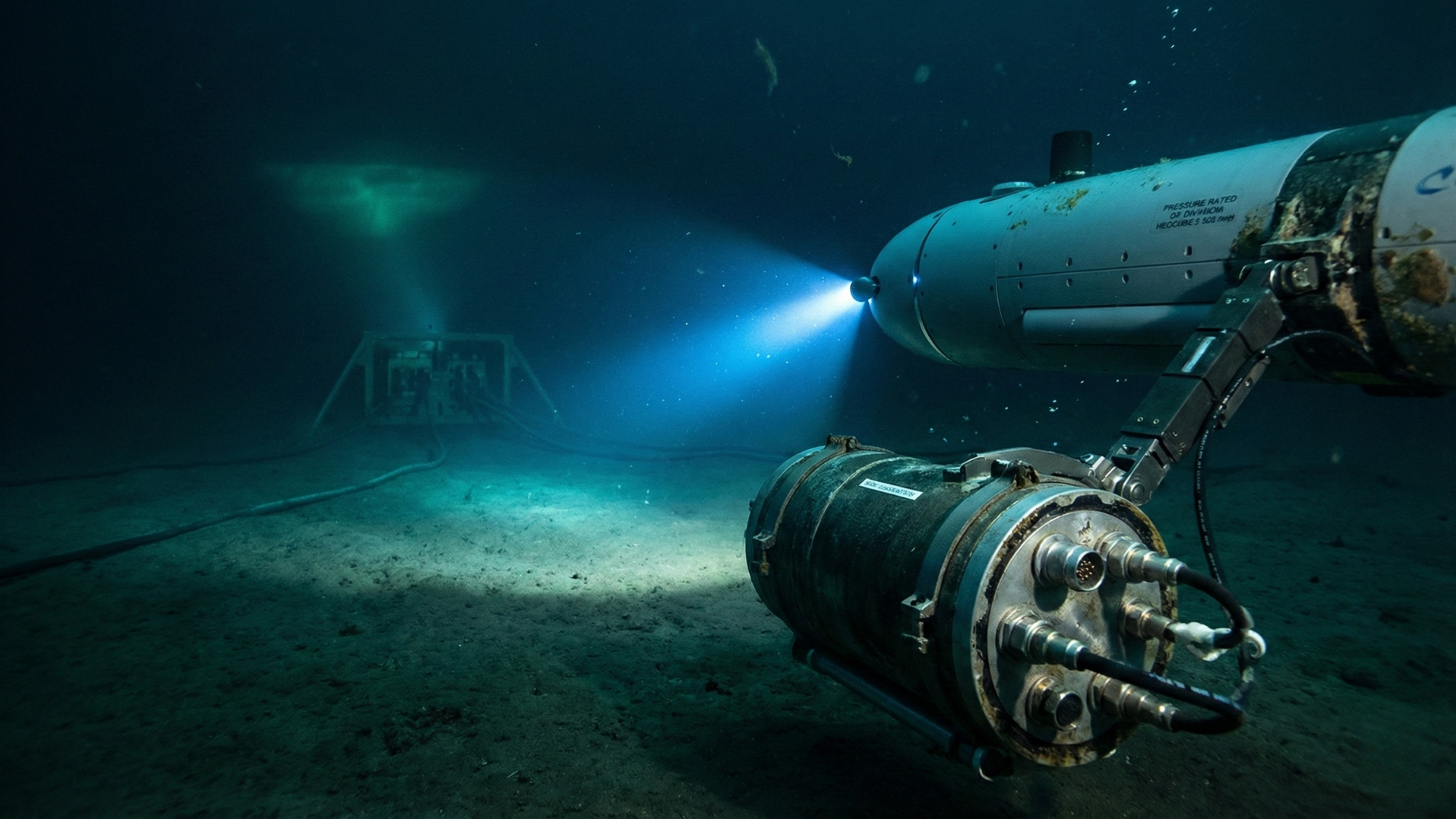 AUV installs a pressure-rated subsea battery module on the seafloor, reflecting Kraken Robotics’ deep-ocean tech.