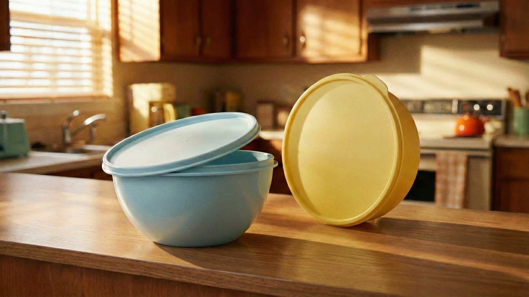 Plastic food-storage bowl and lid on kitchen counter, symbolizing Betterware’s Tupperware LATAM acquisition.