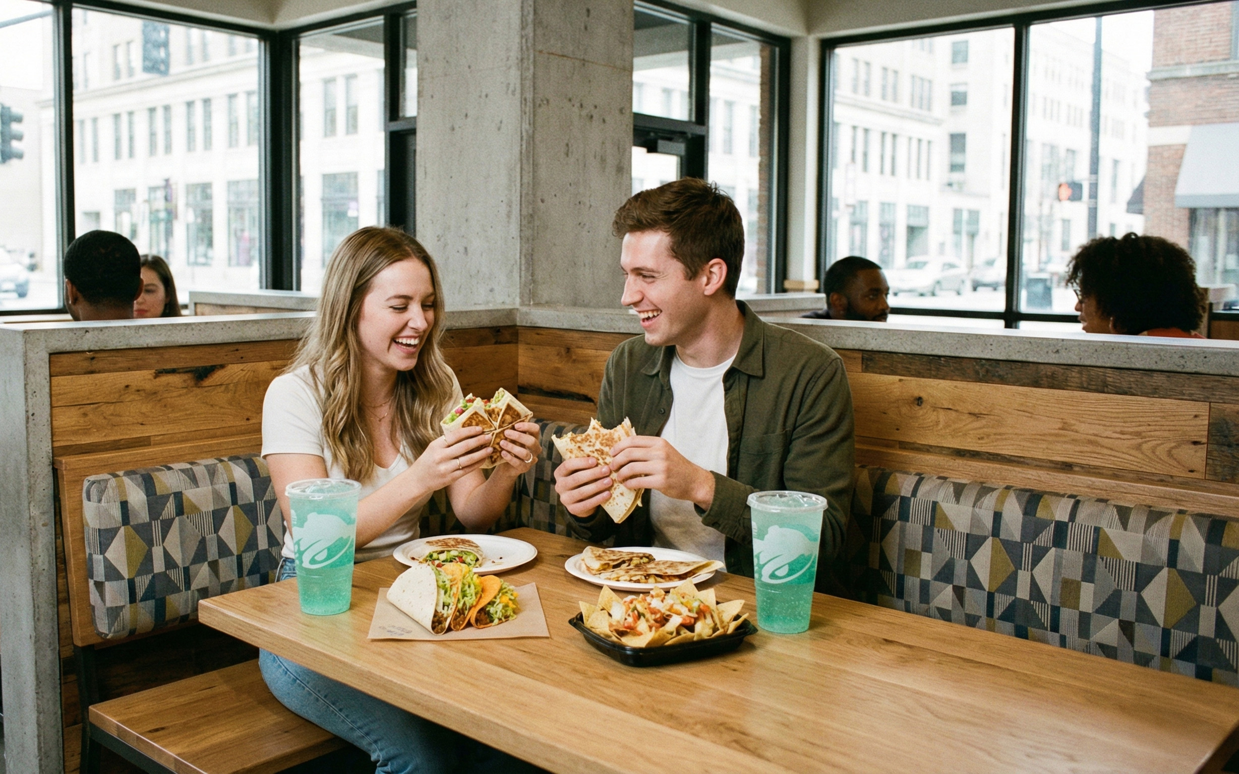 Couple eating tacos at a booth inside Taco Bell.