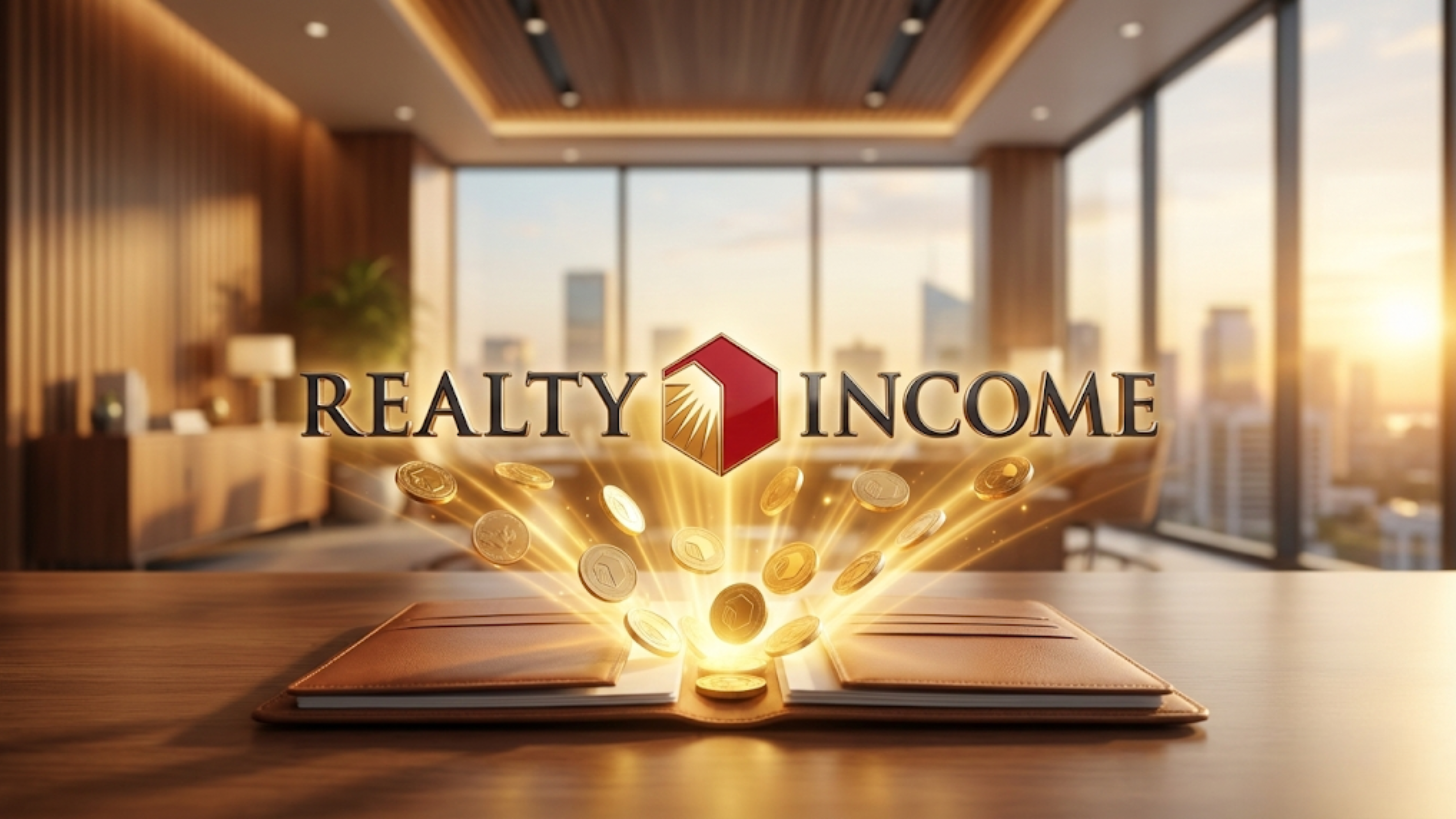 Realty Income logo over coins spilling from an open wallet, highlighting O dividend income and REIT cash flow.