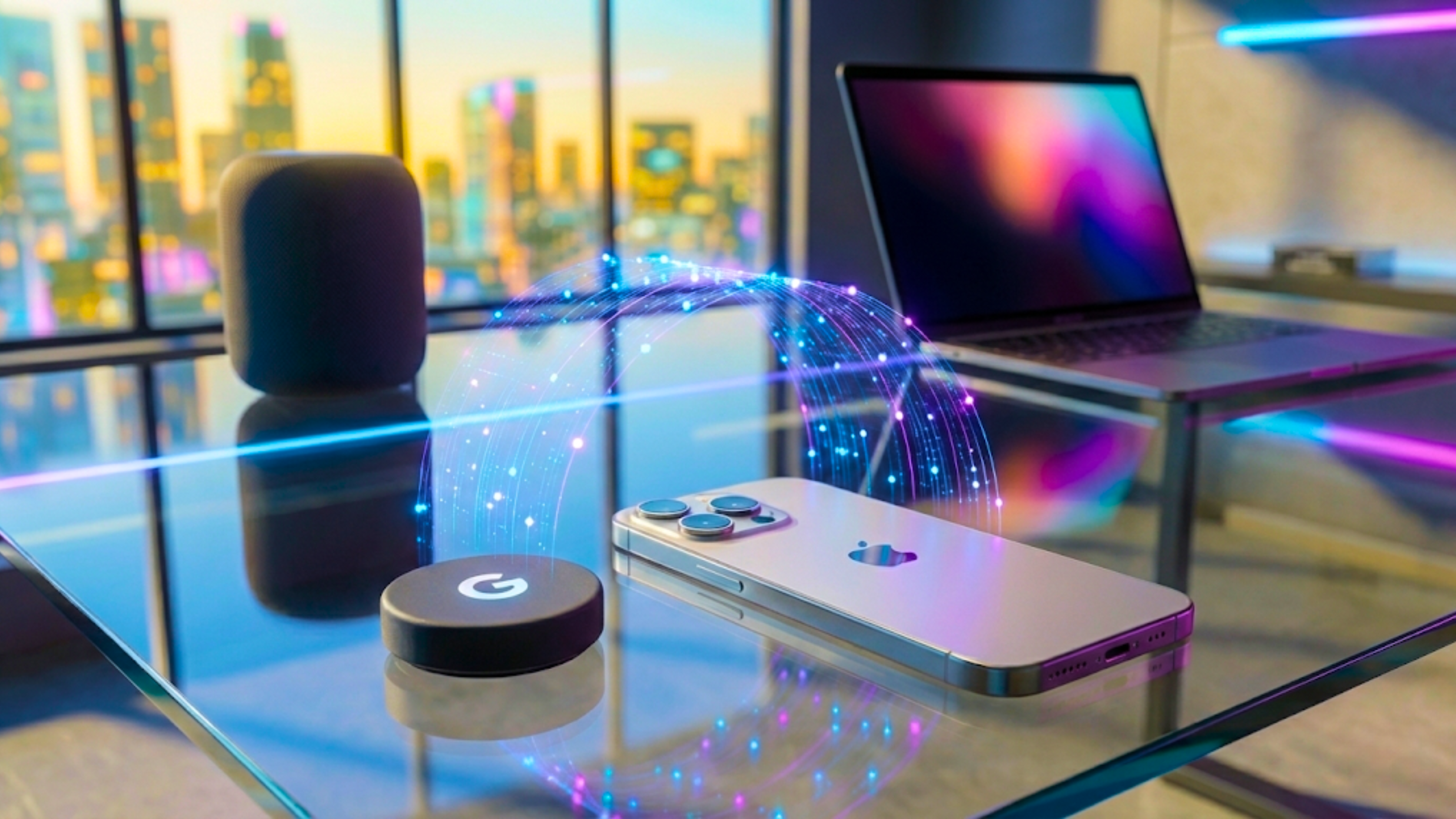Apple iPhone and Google device on desk with data arc, highlighting big tech AI ecosystem stocks.
