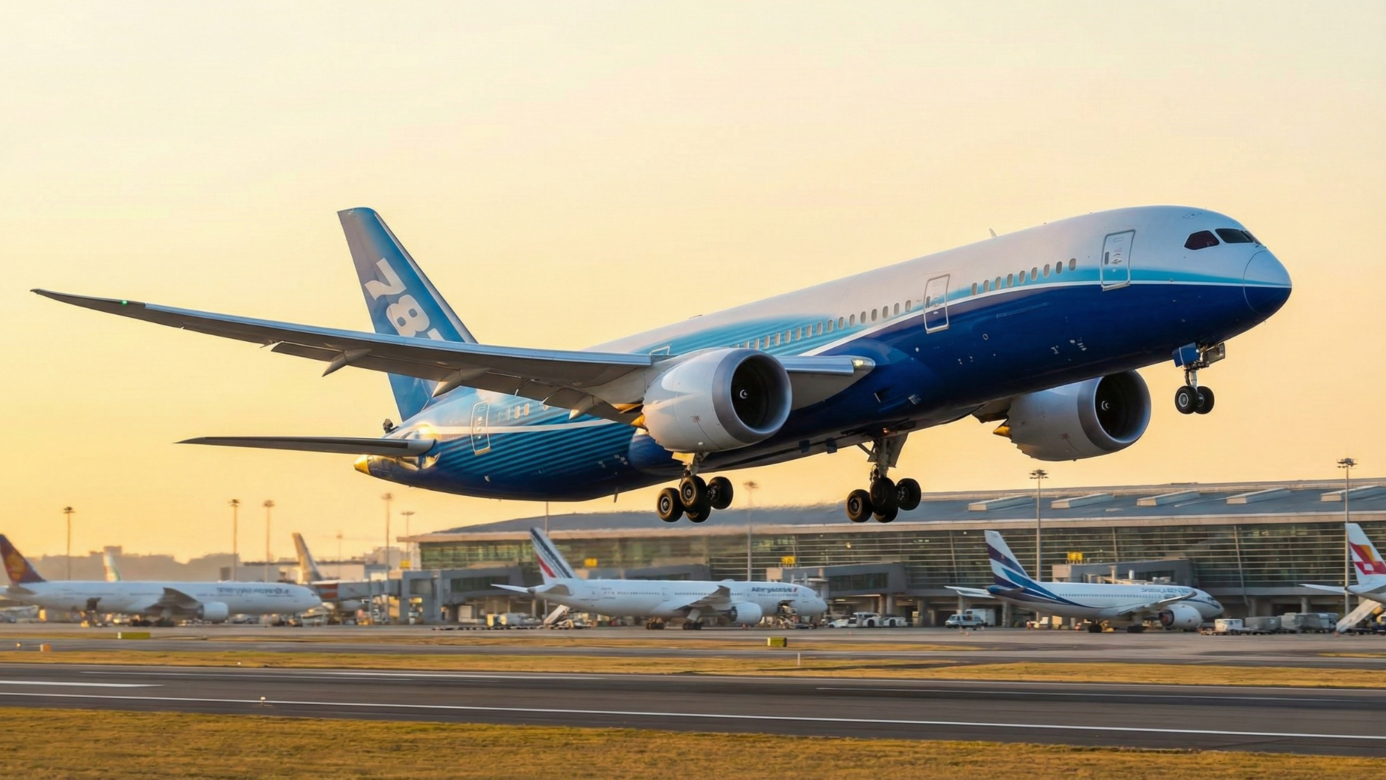 Commercial jet taking off at sunrise over a busy airport, symbolizing airline stocks and cash flow rebound.
