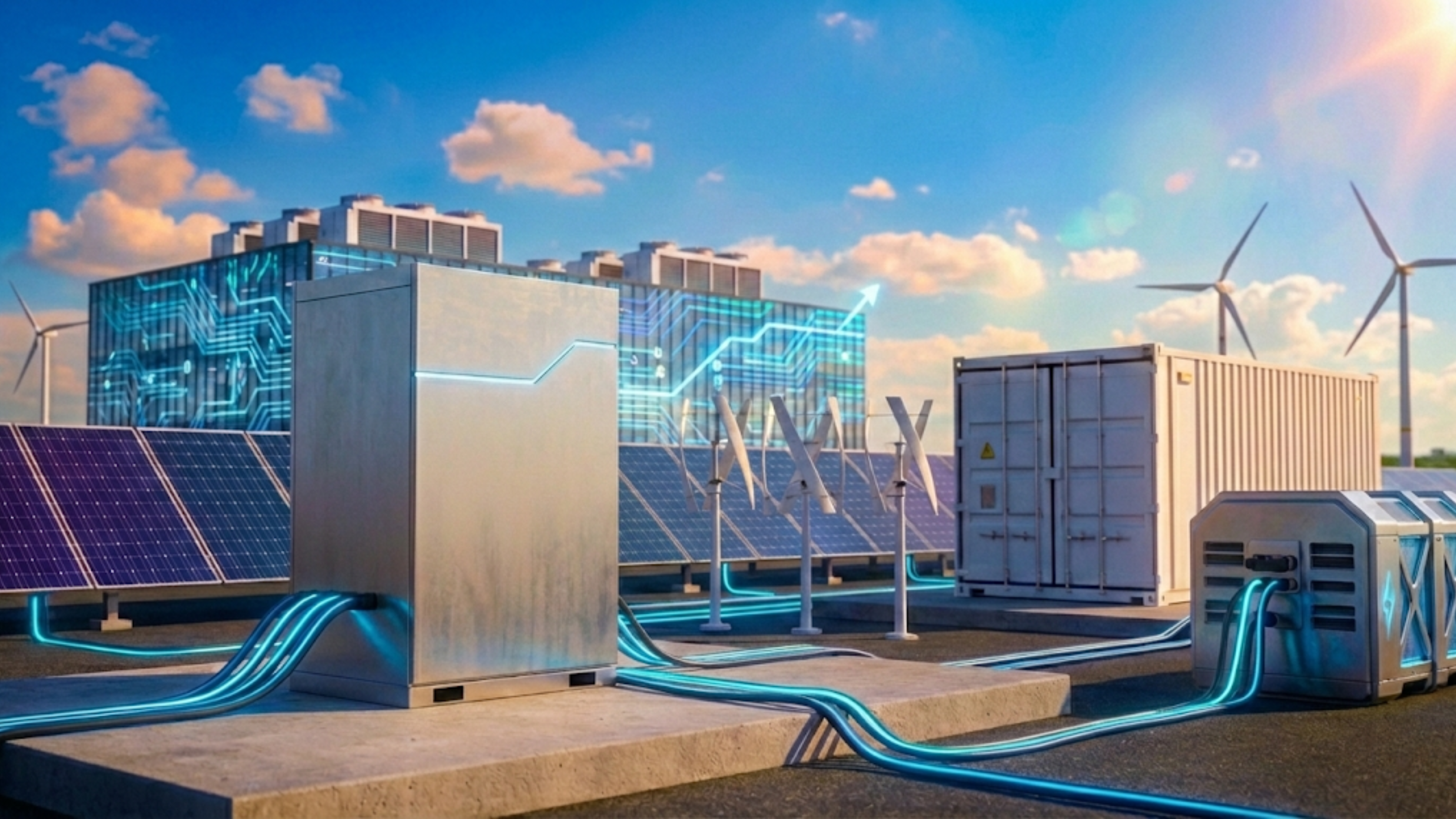 Solar panels, wind turbines and battery units show data-driven power grid fueling AI data center demand.