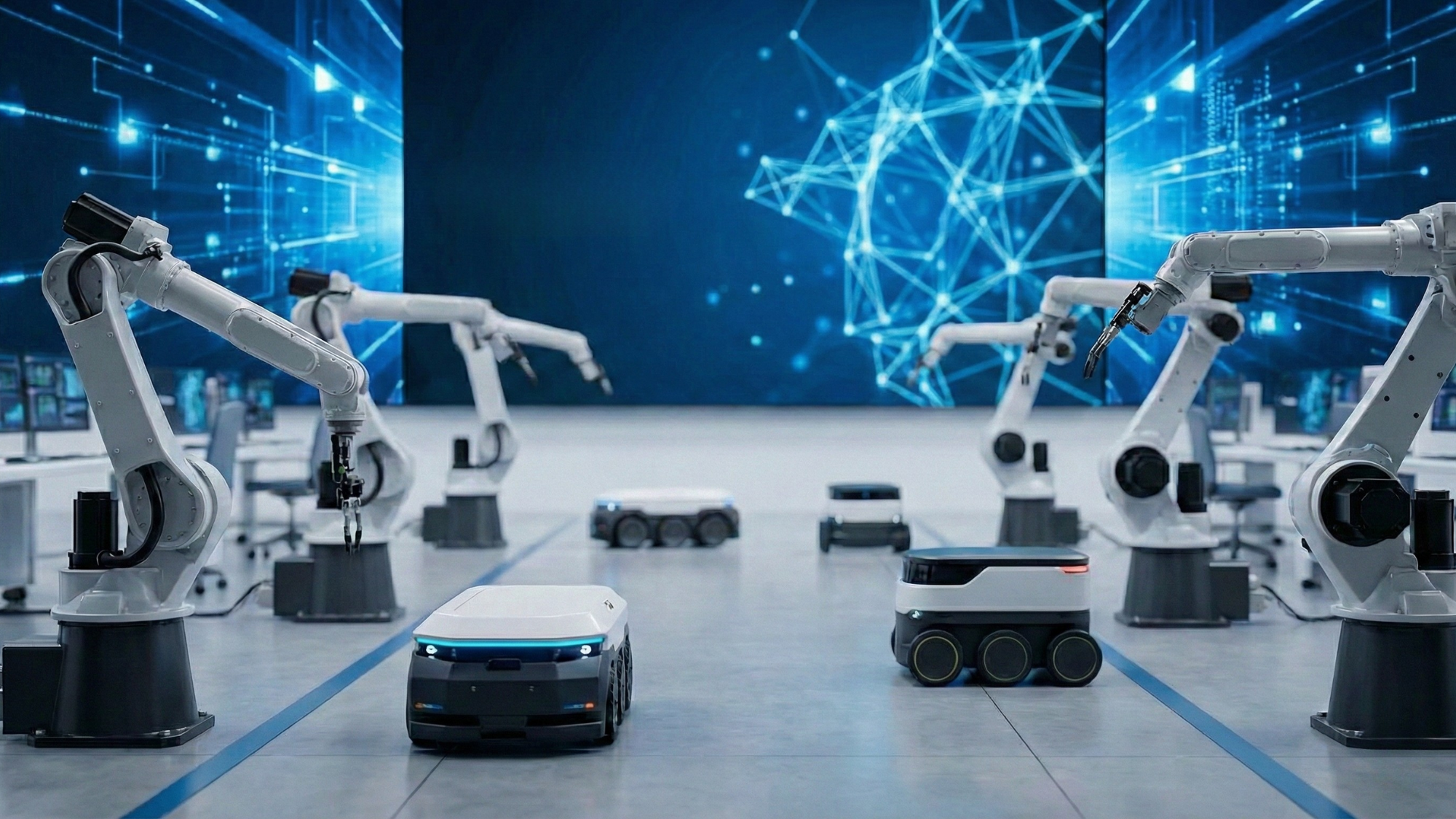 Robots and autonomous vehicles in a high-tech facility with a blue futuristic background.