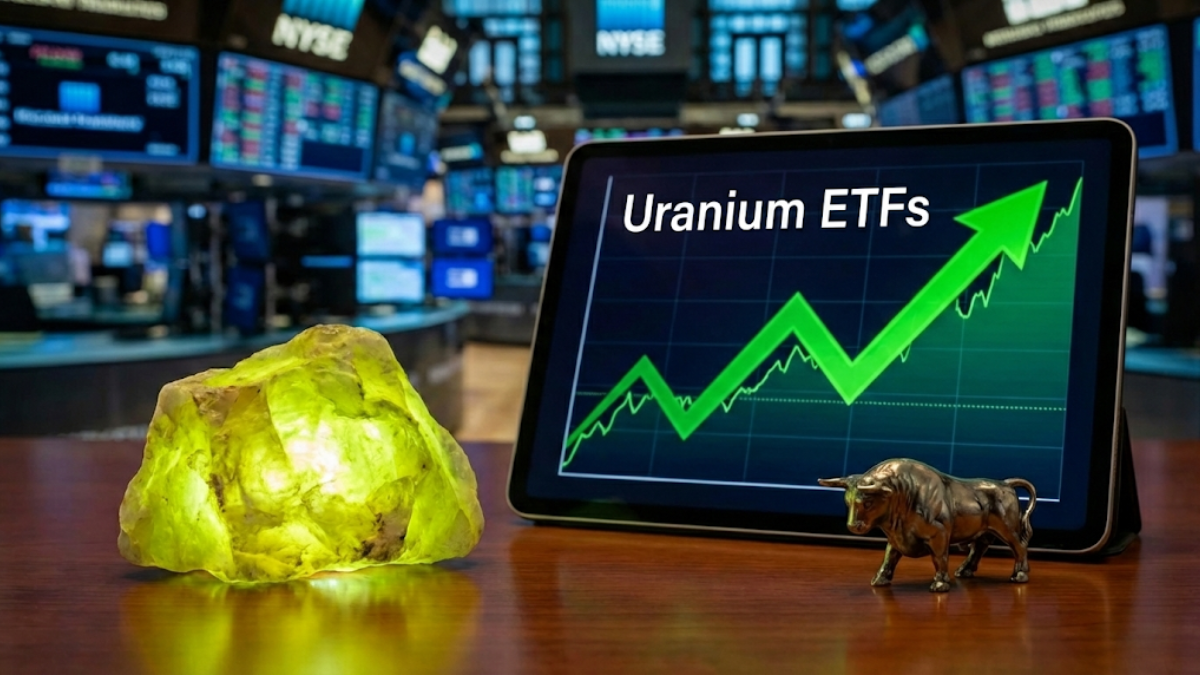 Uranium rock and “Uranium ETFs” chart on tablet at NYSE floor, signaling bullish uranium fund performance.