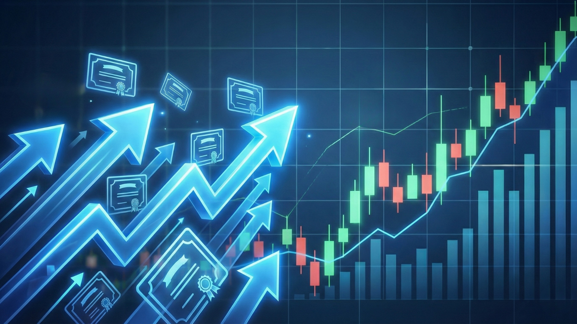Glowing upward arrows and rising candlestick chart symbolizing CoStar’s share buyback boost and rebound.