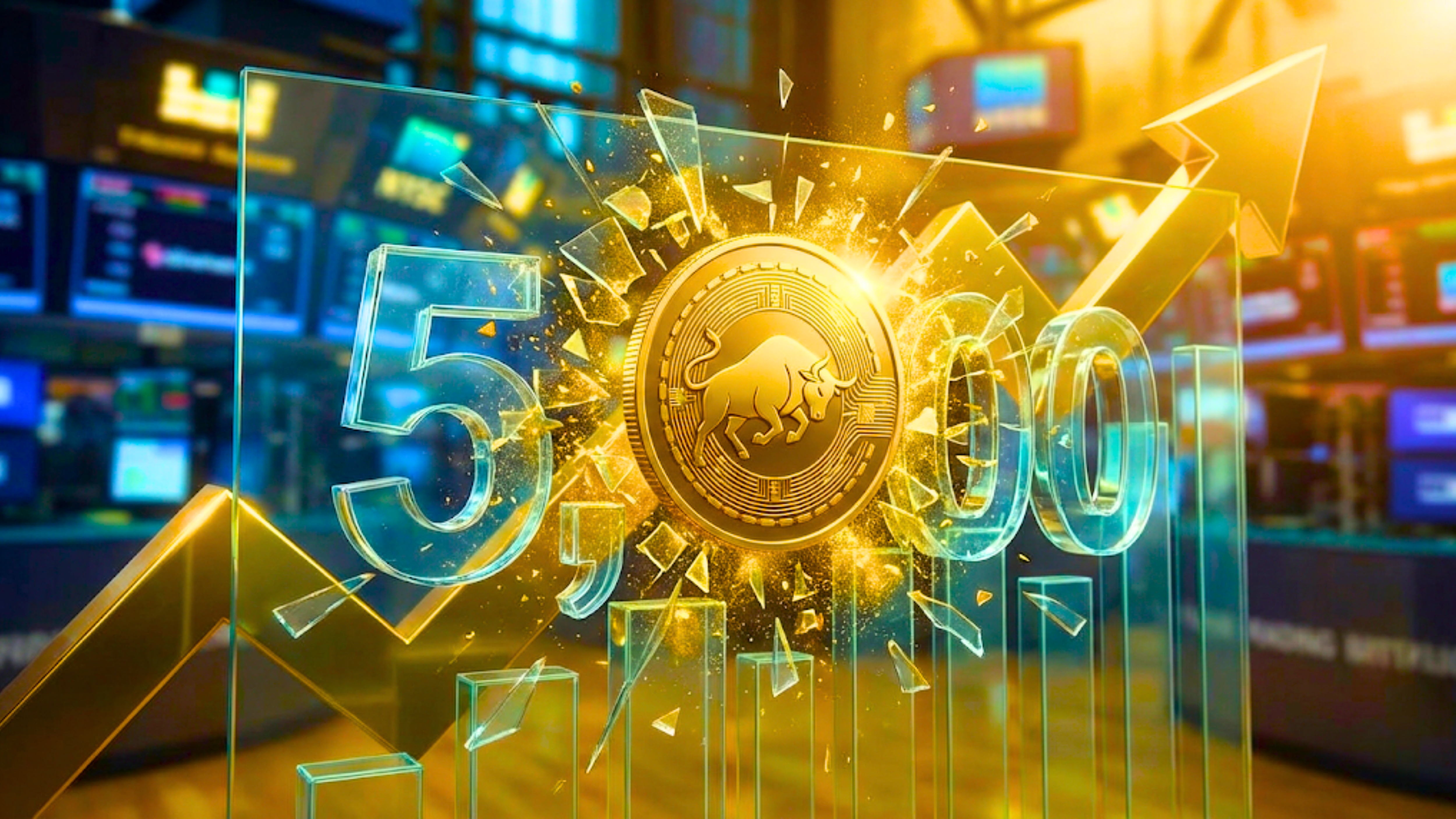 Gold price rally hits $5,000 for first time as bull coin breaks through milestone with upward arrows.