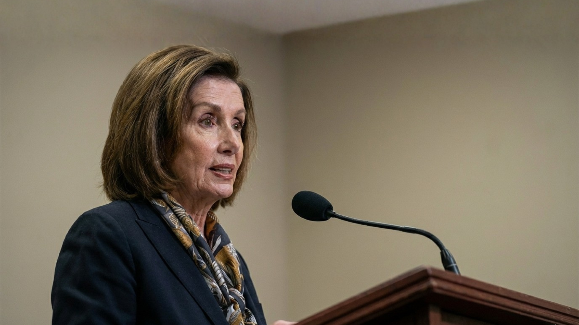 Imaginative depiction of Representative Nancy Pelosi speaking at a podium microphone.