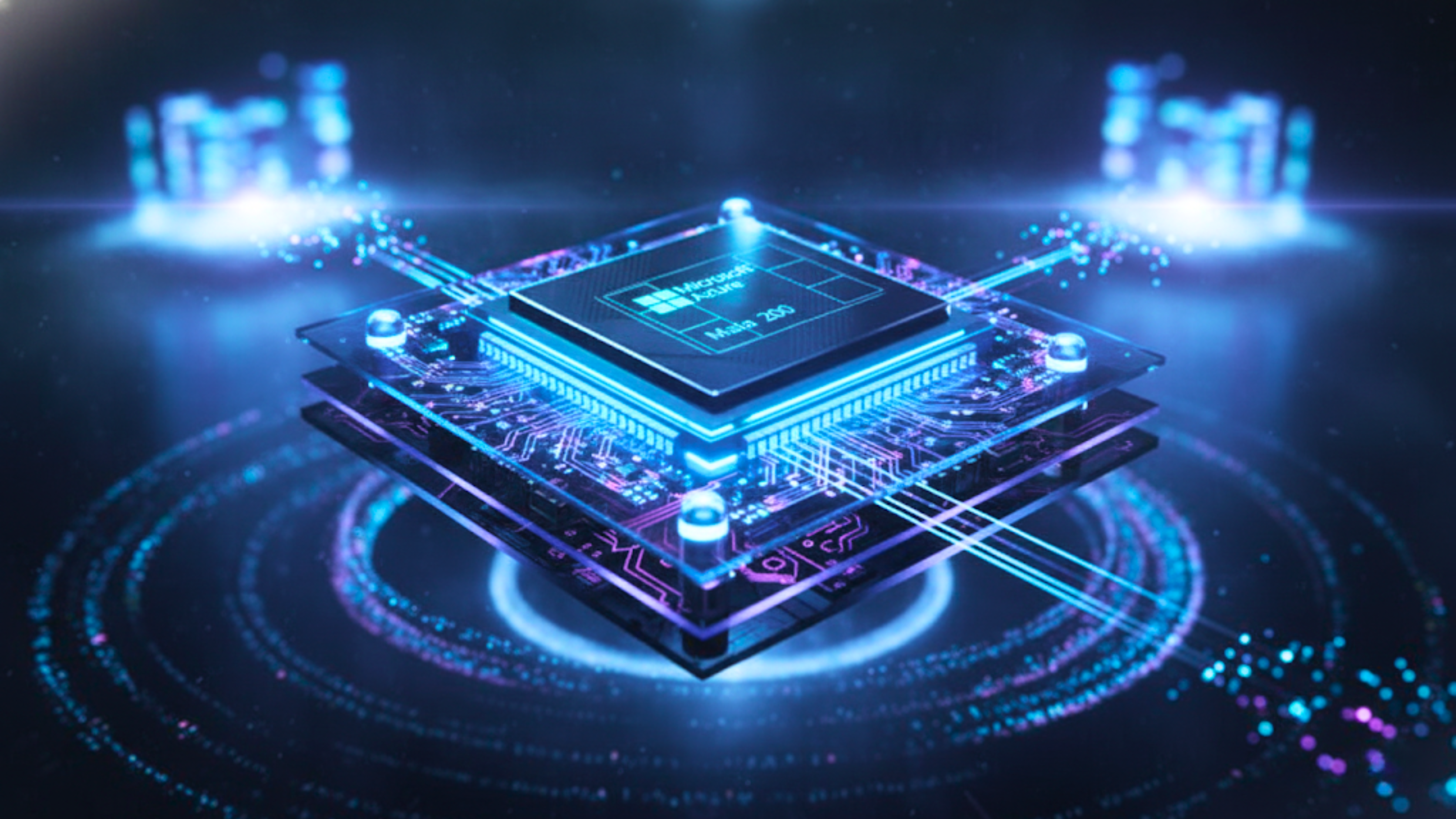 Microsoft Maia 200 AI chip on glowing circuit board, highlighting Azure cloud data-center accelerator demand.