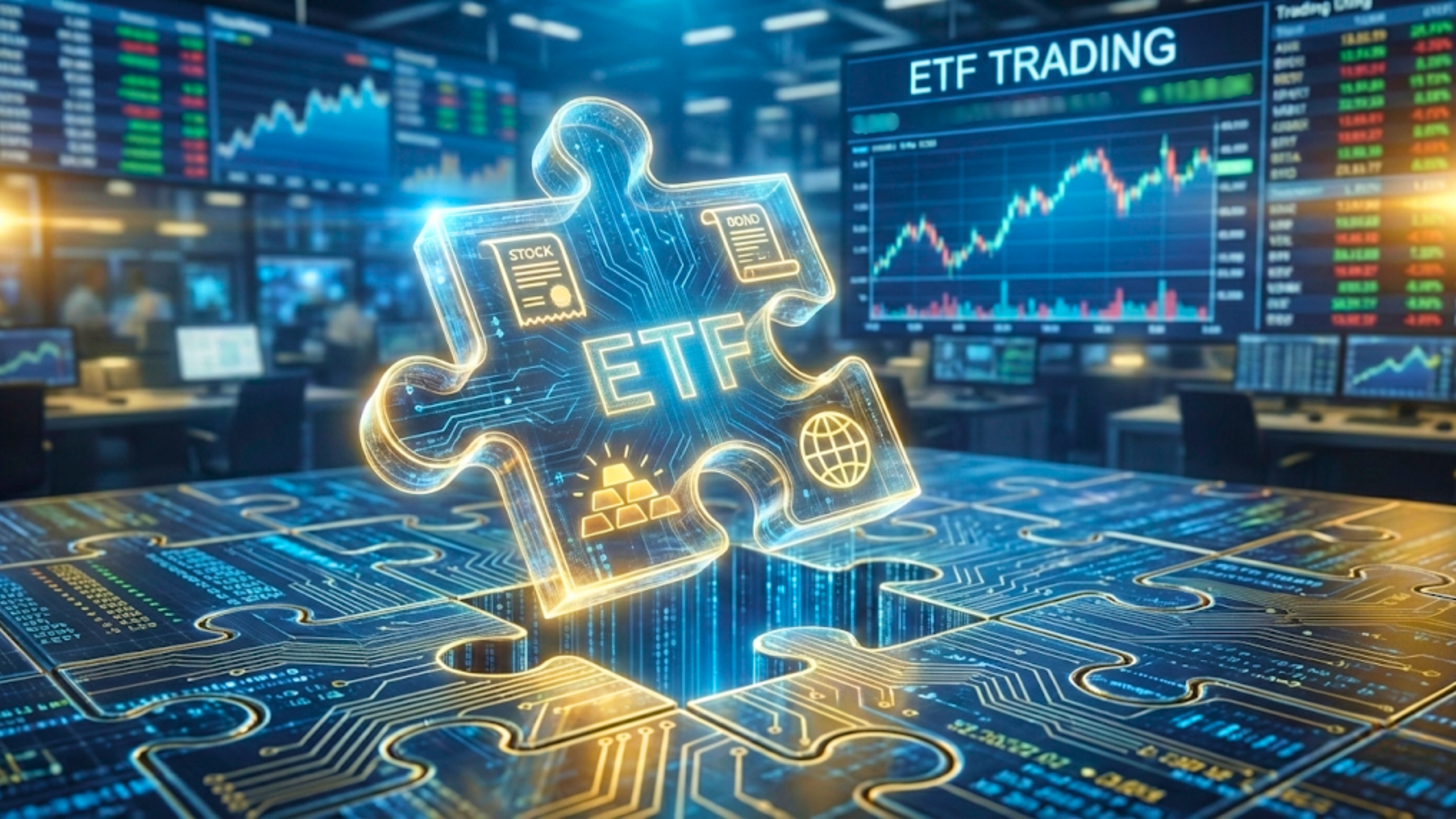 Glowing ETF puzzle piece in trading room, symbolizing diversified ETF investing and market strategy.