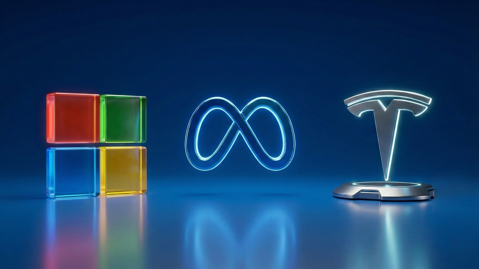 Microsoft, Meta and Tesla logos on blue tech backdrop, signaling mega-cap earnings impact on tech ETFs.