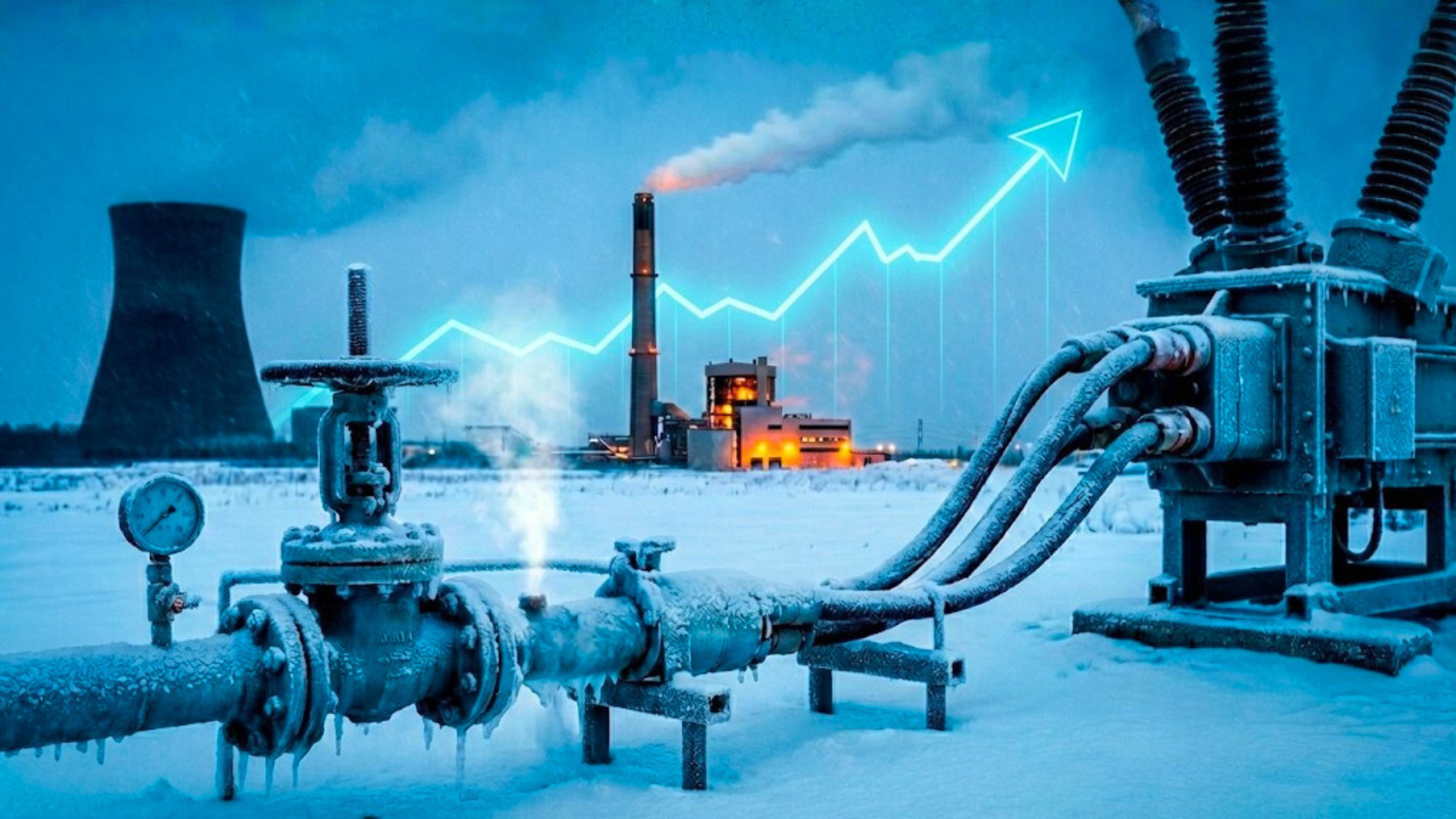 Snow-covered pipeline and power plant with rising chart, representing energy stocks rallying during a winter storm.
