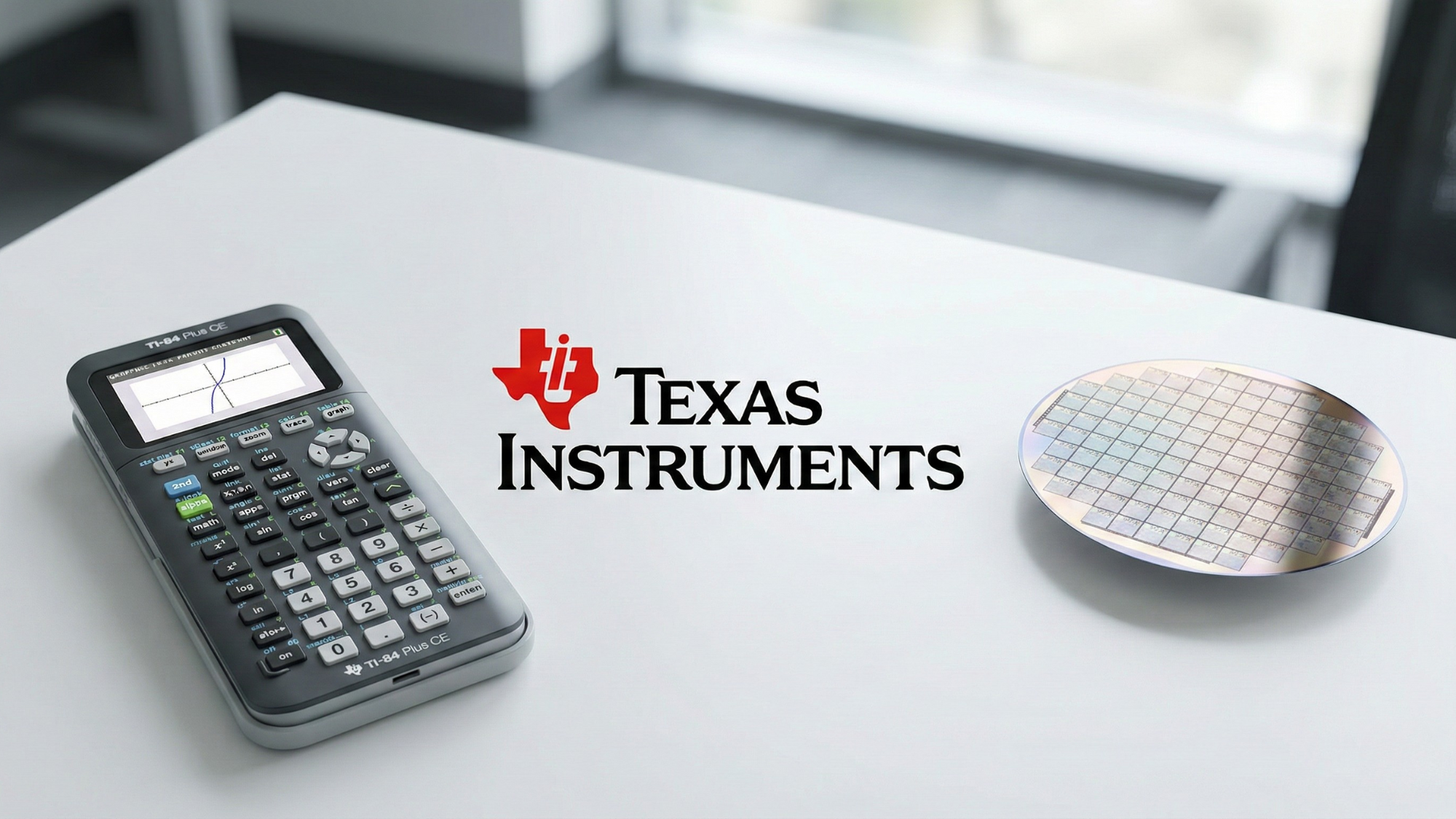 Texas Instruments logo between a graphing calculator and a silicon wafer on a clean desk, semiconductor theme.