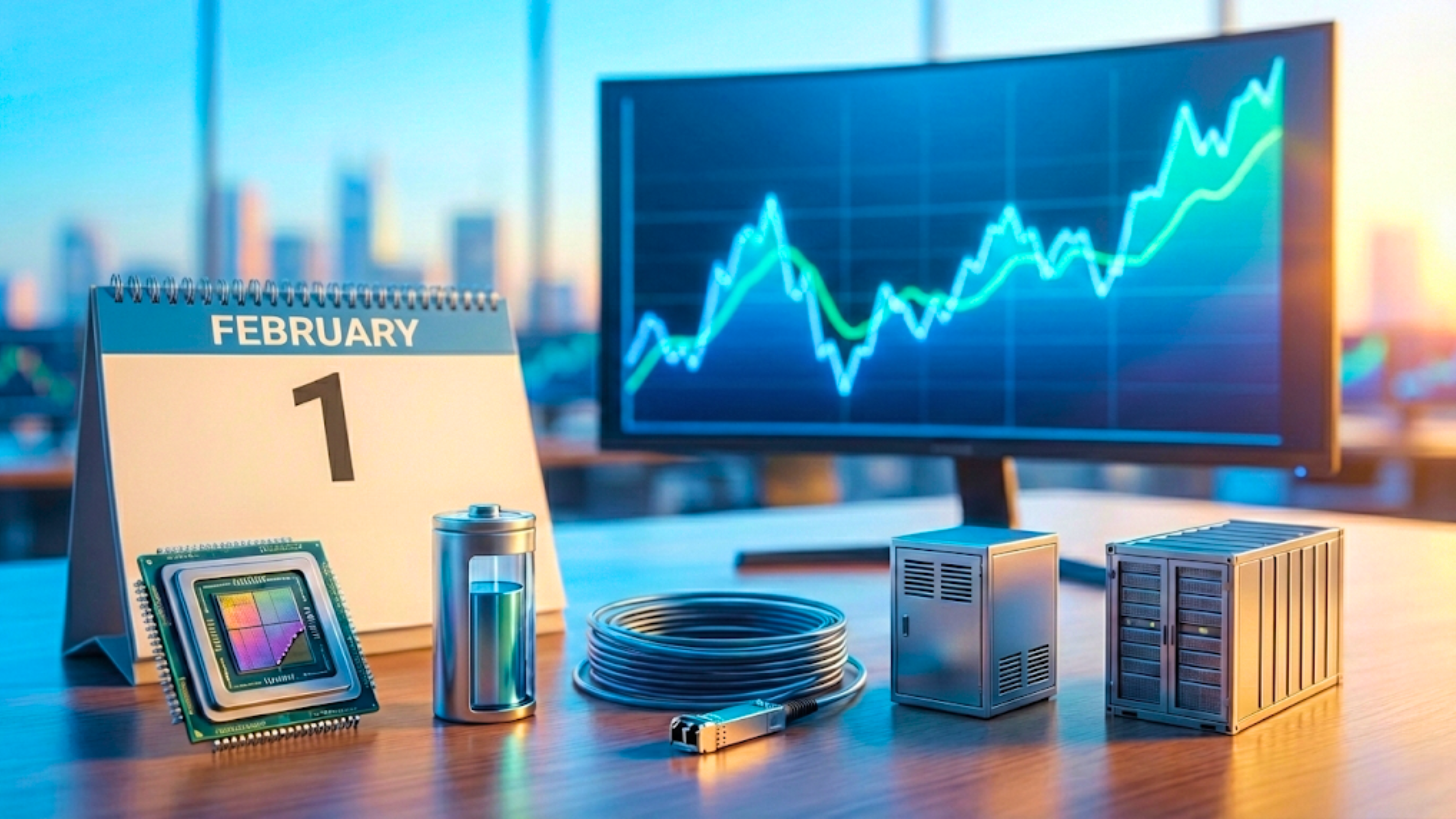 Calendar marked Feb. 1 with AI chip and servers beside rising chart, signaling top stock picks for February.