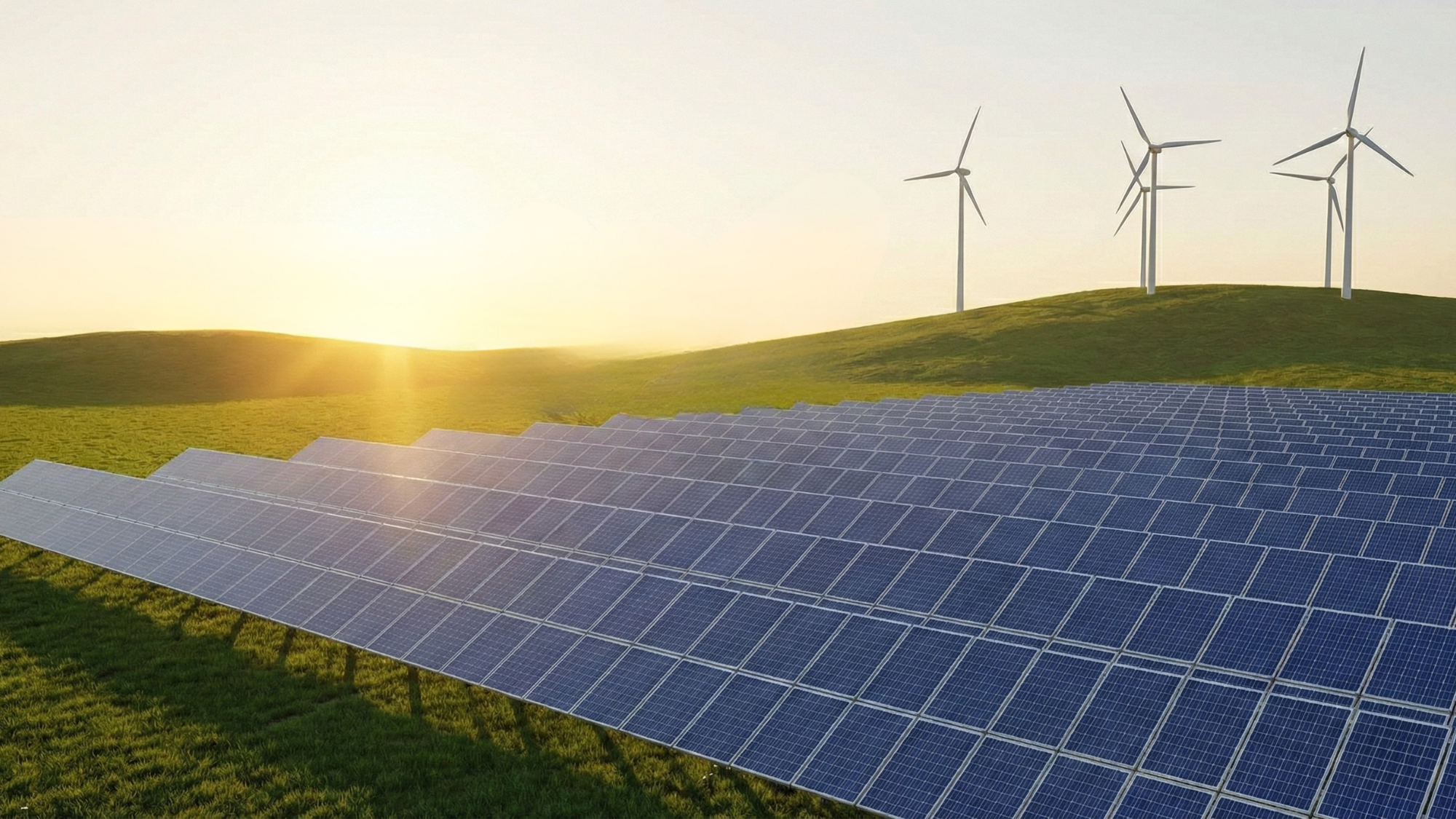 Golden-hour solar panels with wind turbines and transmission lines, reflecting NextEra’s clean-energy growth.