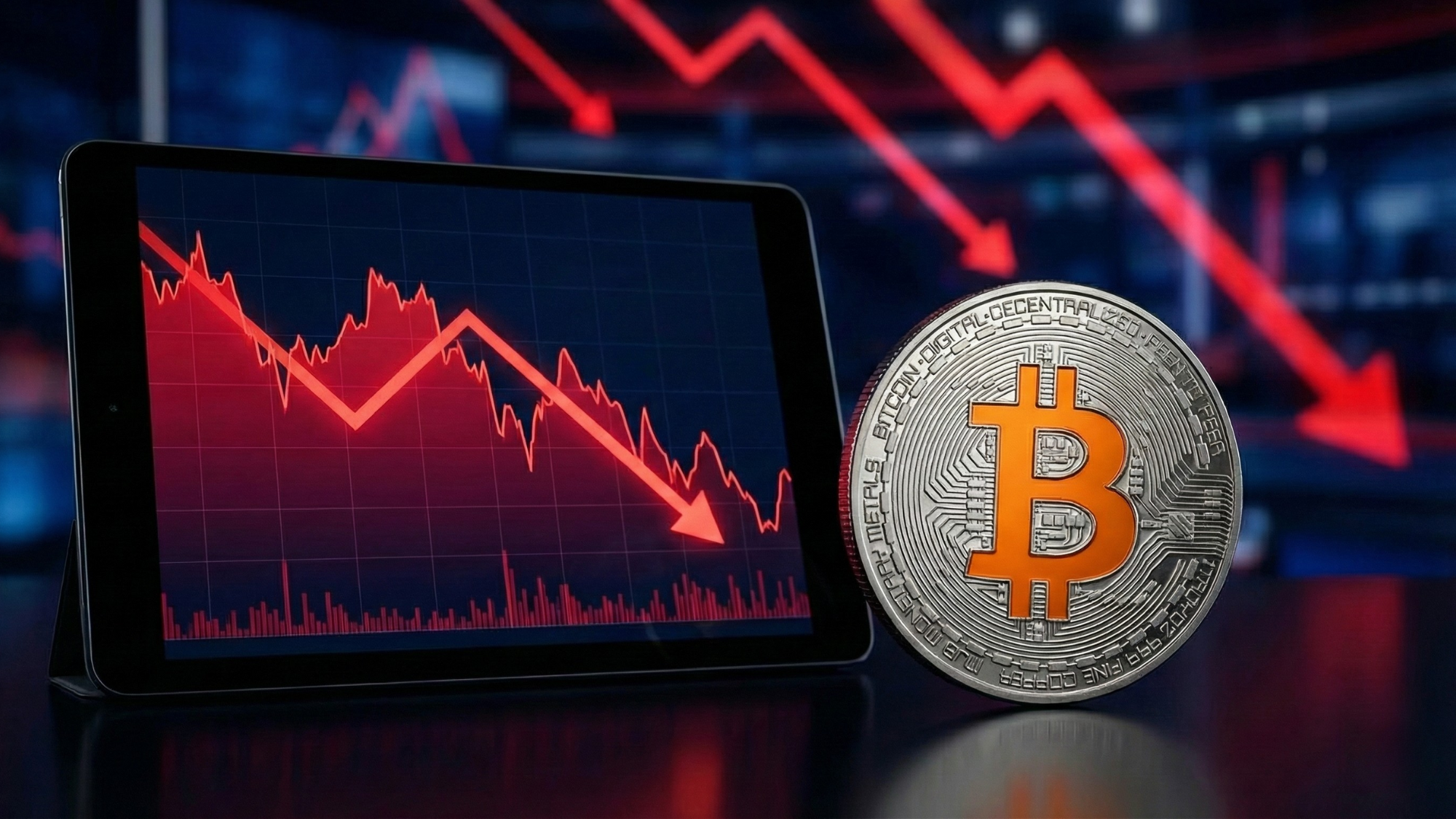 Bitcoin coin next to a tablet showing a red downward-trending market chart.