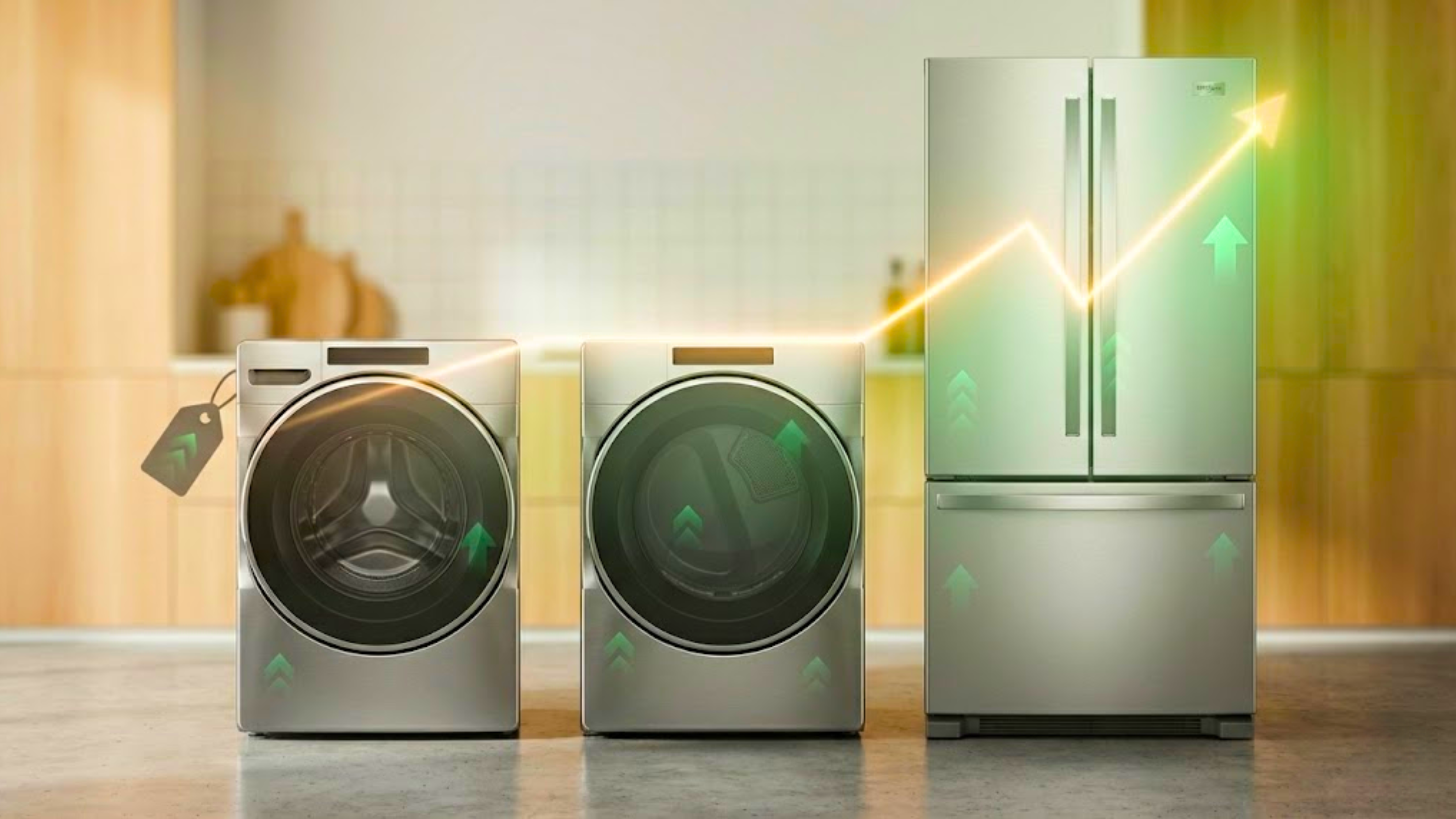 Whirlpool appliances with an upward chart line, signaling WHR stock gains.