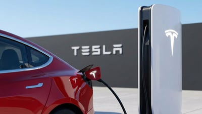 Red Tesla EV plugged into a Supercharger with Tesla logo, highlighting the company’s EV business pivot.