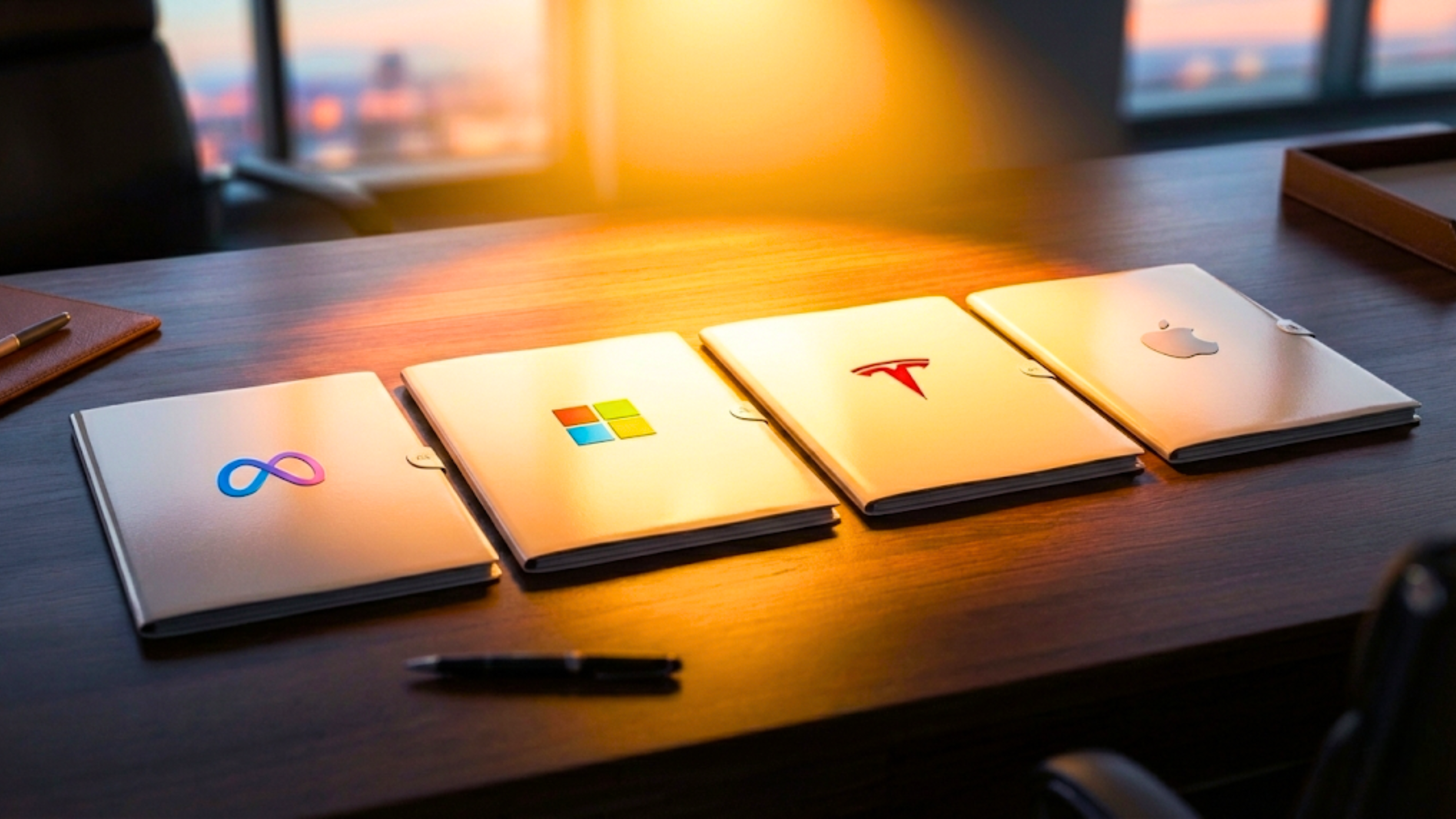 Meta, Microsoft, Tesla and Apple logos on notebooks, spotlighting big-tech earnings.