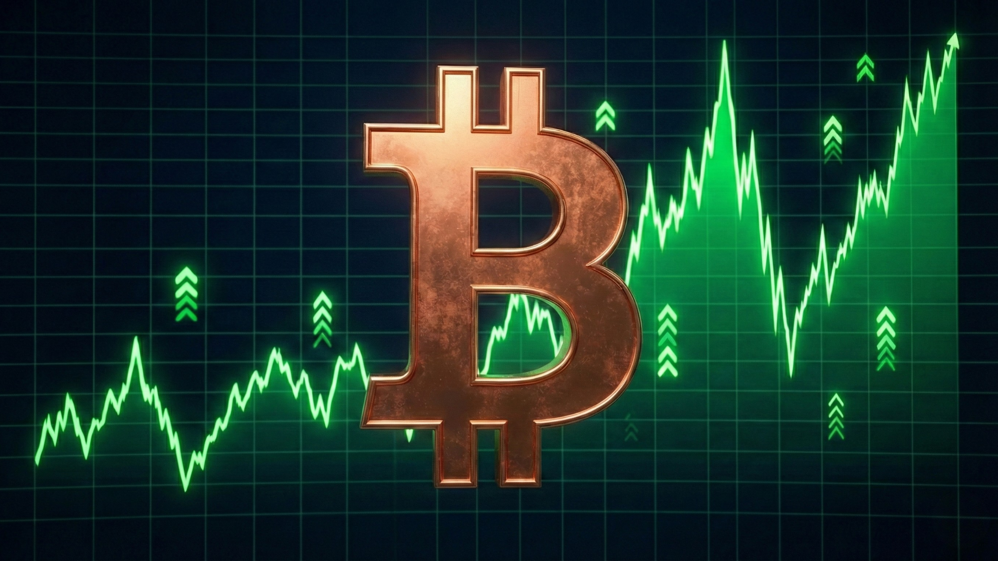 Bitcoin symbol over green price chart and upward arrows, illustrating crypto ETF income strategy and volatility.