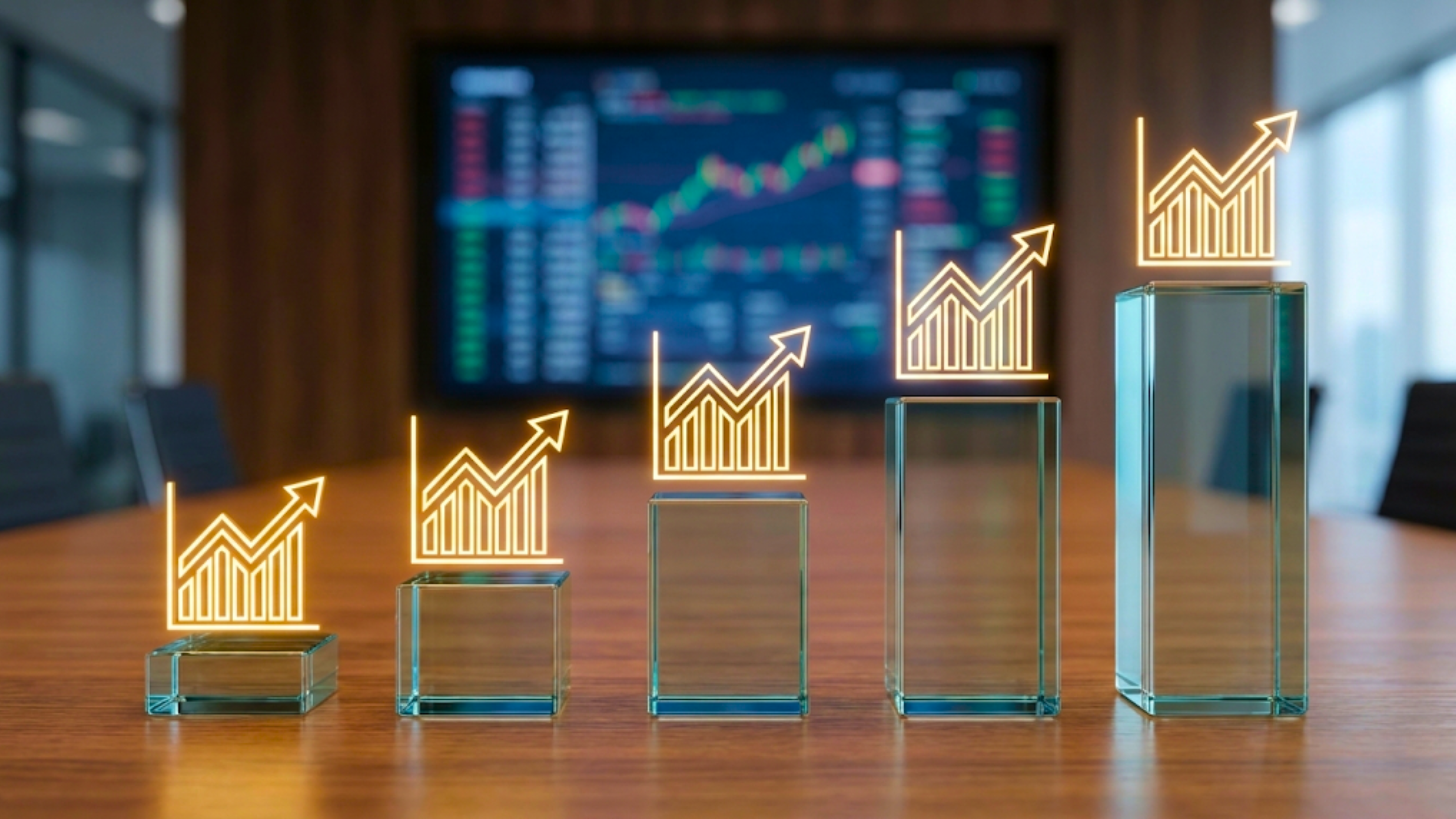 Rising glass blocks with upward chart icons before stock screen, symbolizing market rally and growth.