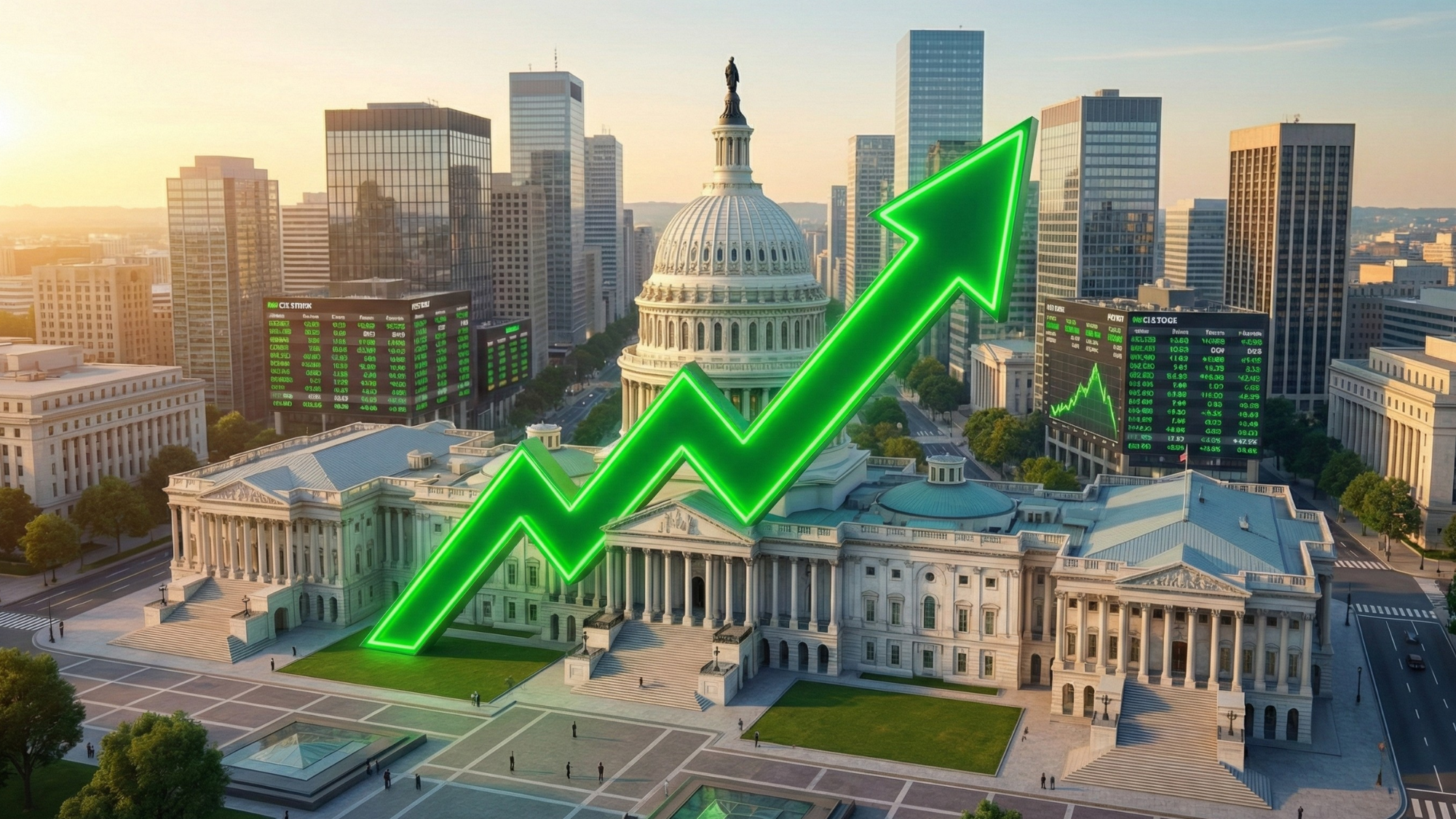 U.S. Capitol with a green upward arrow highlights White House-backed deals boosting rare earth, chip and nuclear stocks.