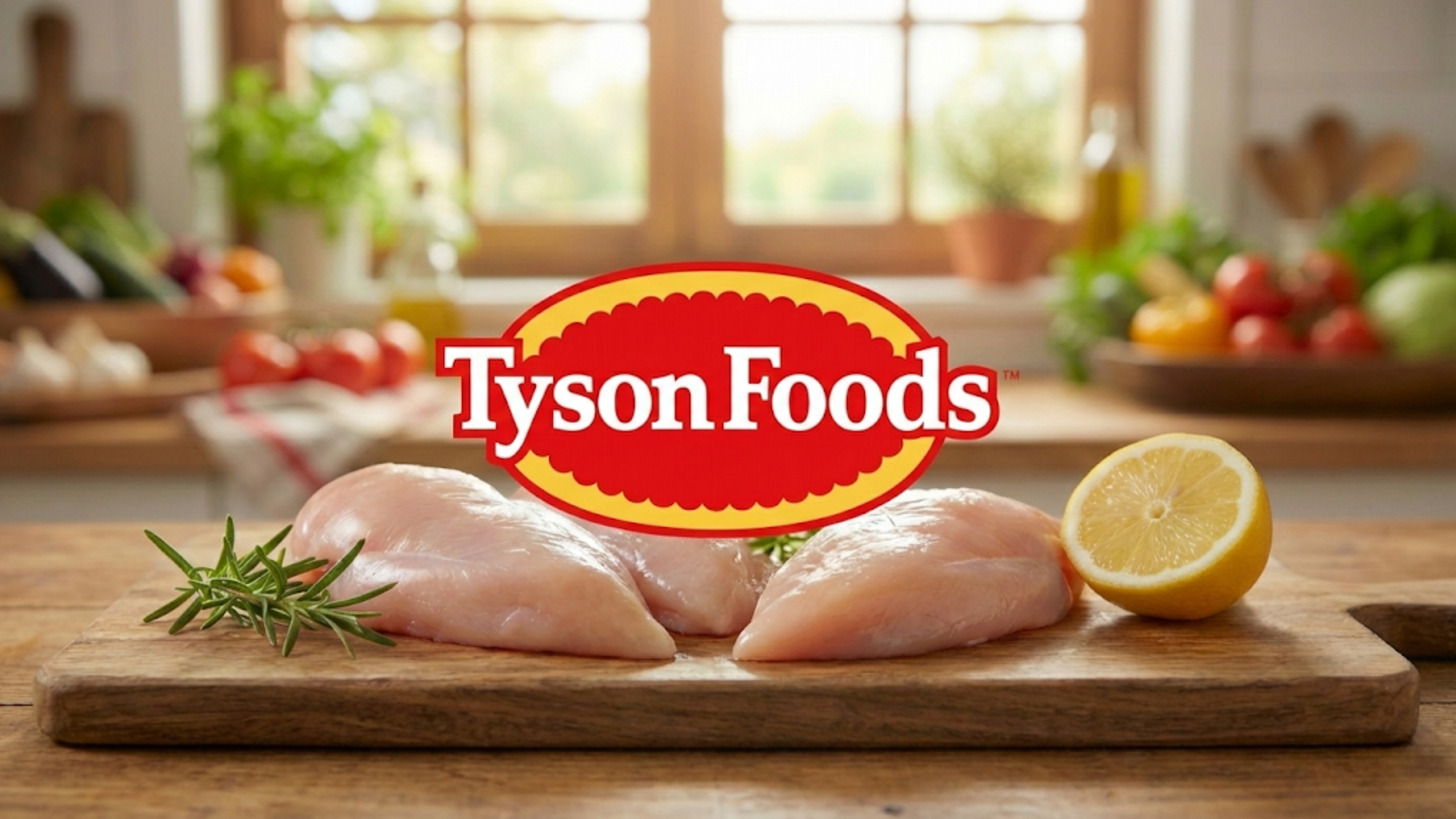 Tyson Foods logo over raw chicken breasts on cutting board, highlighting TSN meat segment demand.