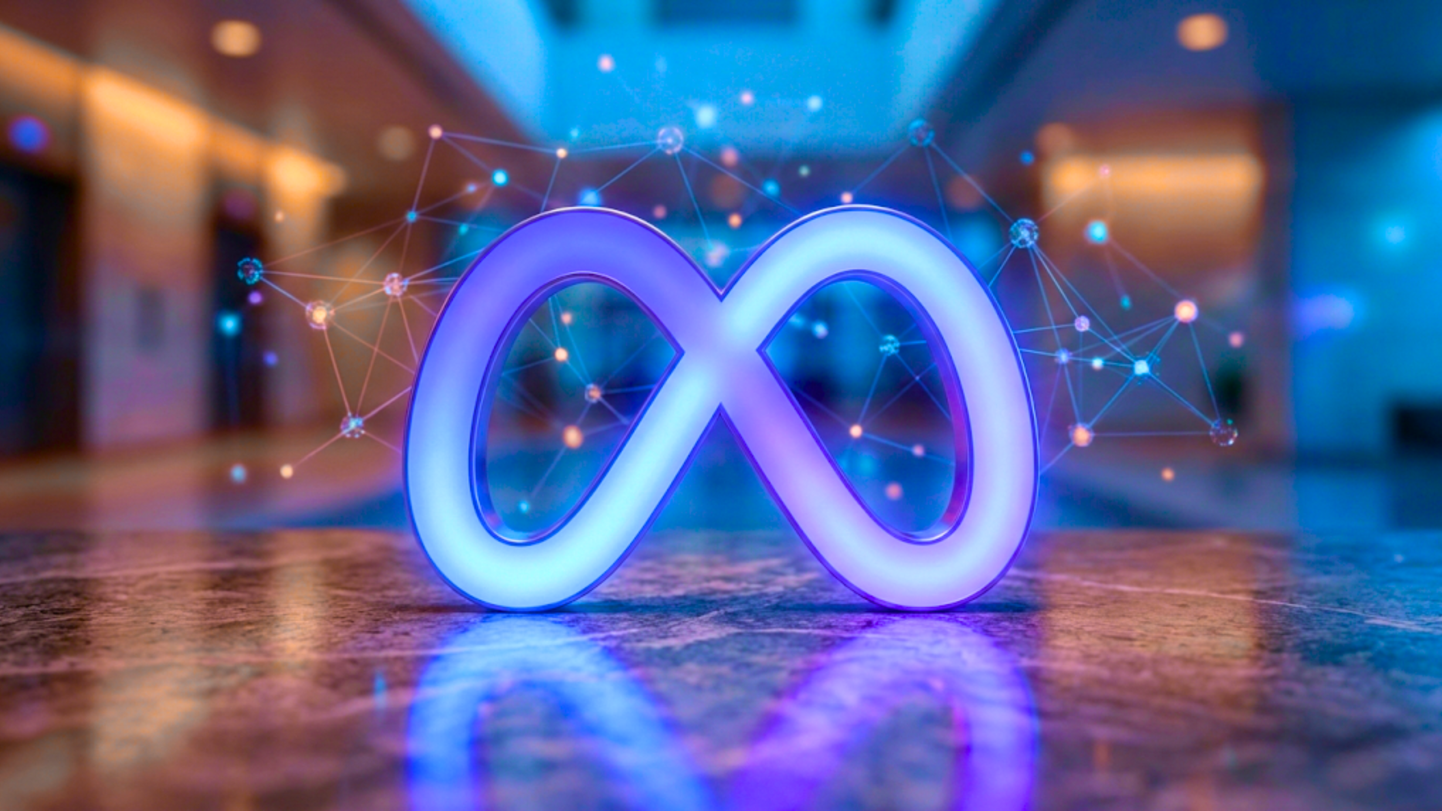 Meta Platforms infinity logo with digital network overlay, reflecting AI and social media advertising strategy.