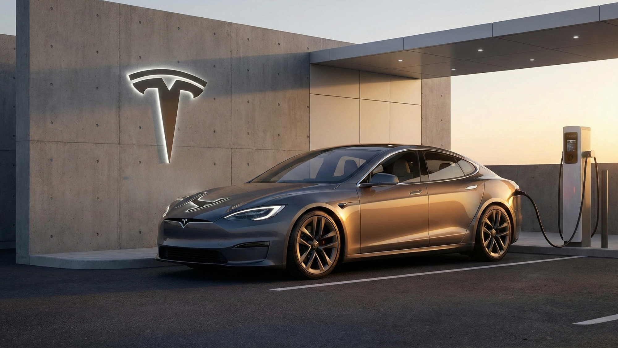 Tesla sedan charging by a lit Tesla logo at dusk, illustrating investor focus on Tesla stock after earnings.