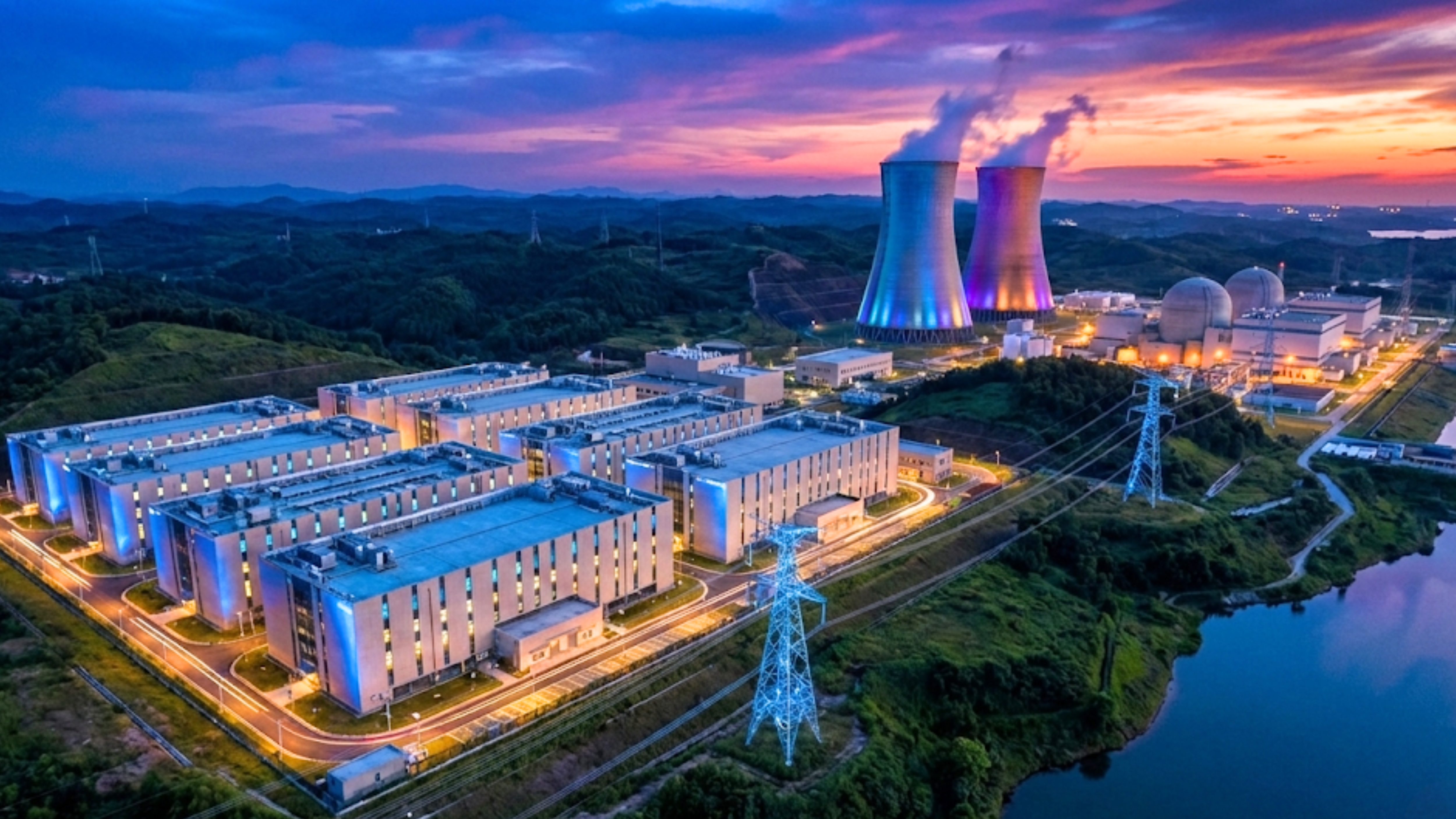 Aerial view of nuclear power plant and adjacent data-center campus at sunset, highlighting rising electricity demand.