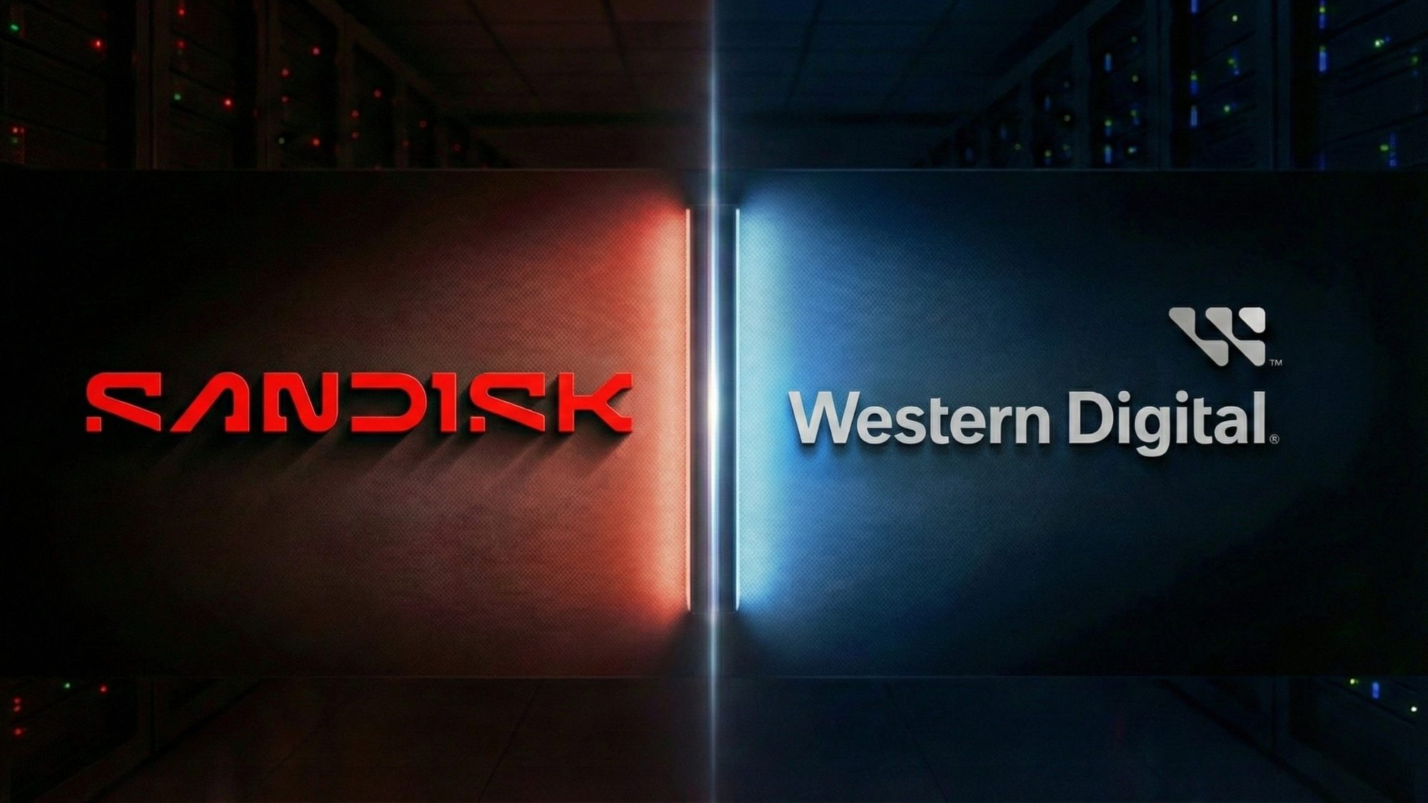 Split data-center graphic with SanDisk red logo left and Western Digital blue logo right, AI storage theme.