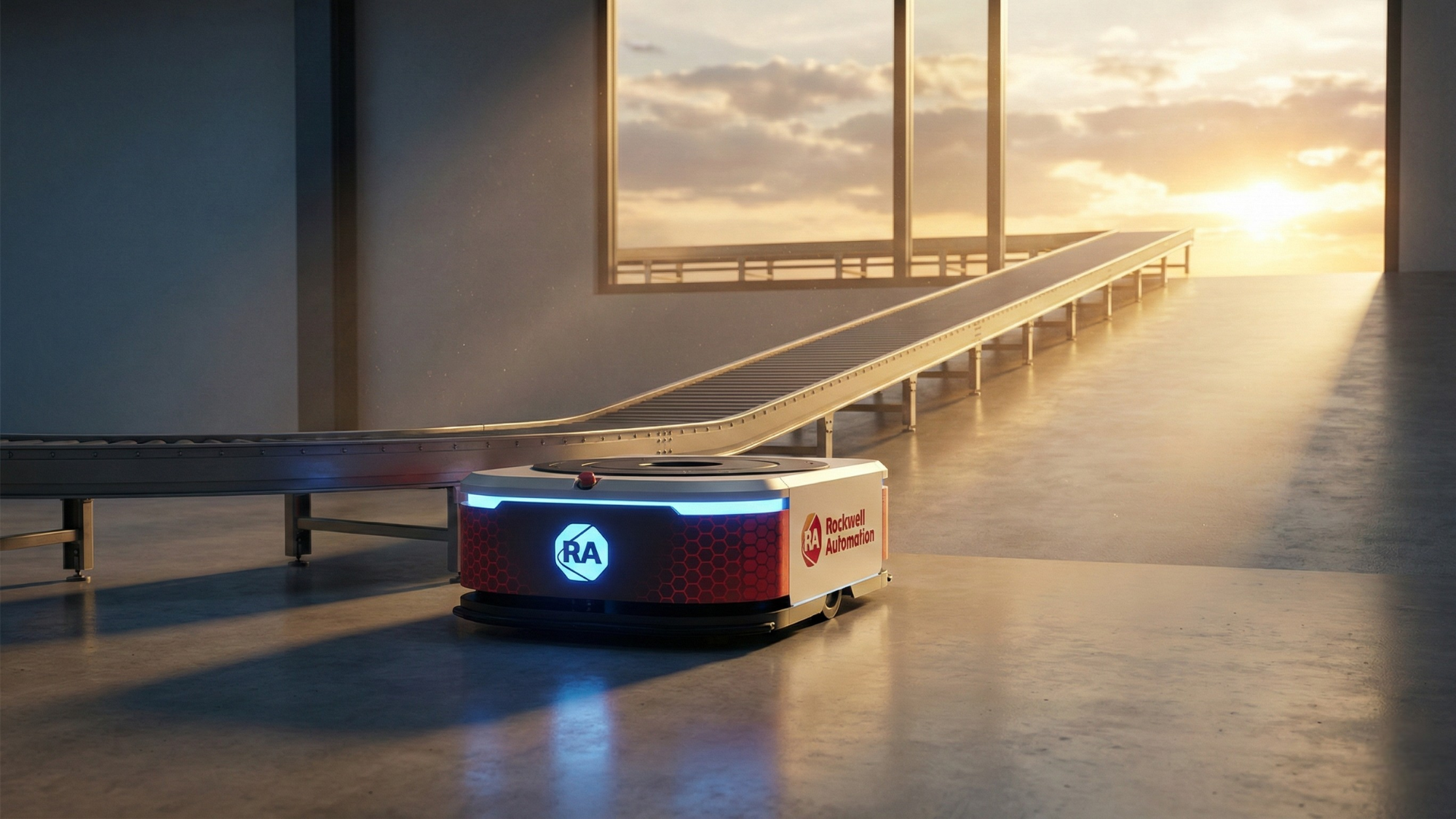 Rockwell Automation autonomous mobile robot operates beside conveyor, highlighting industrial automation driving efficiency.