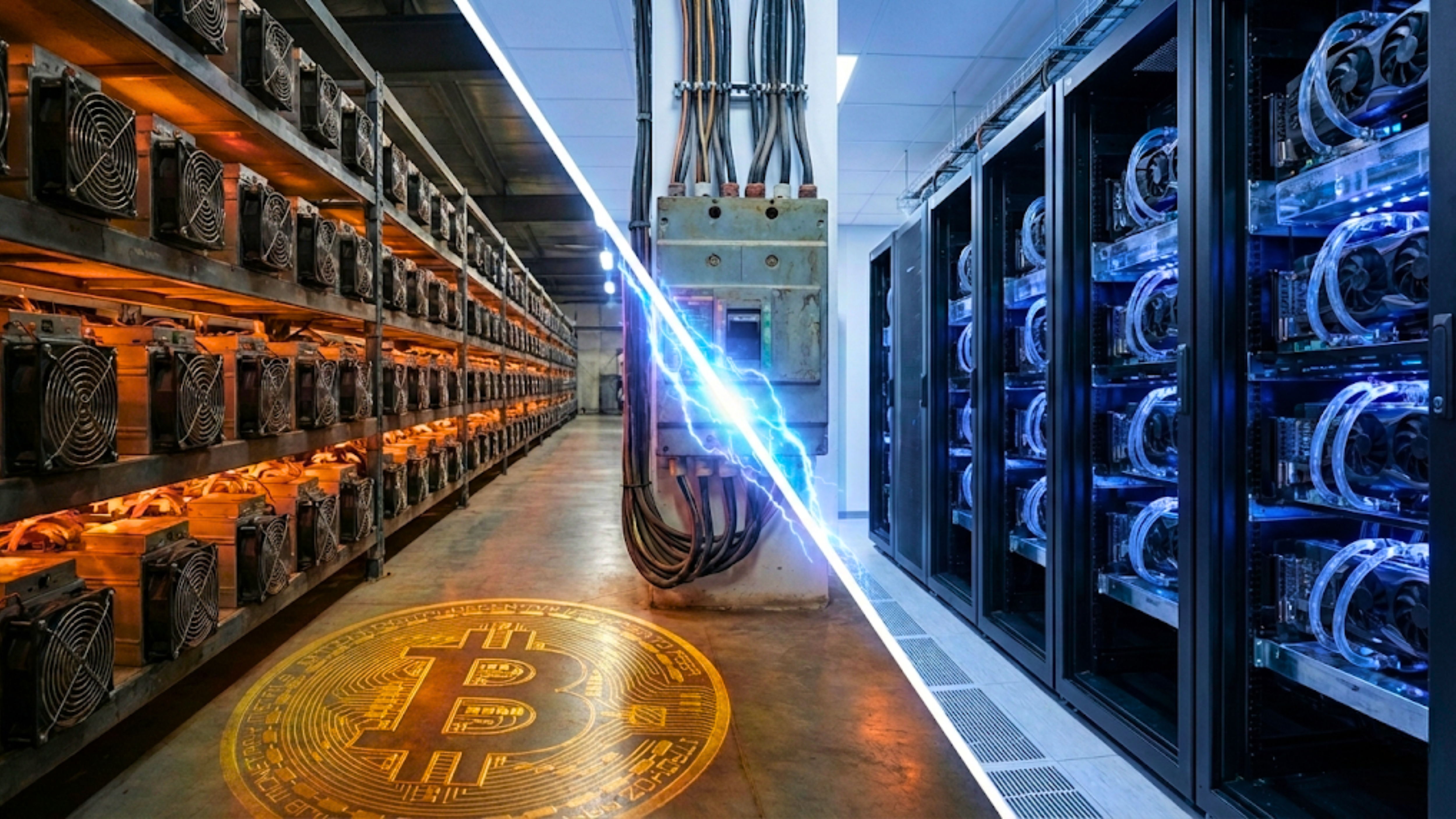 Bitcoin mining rigs and data center GPUs highlight crypto hashpower, energy costs, and AI compute demand.