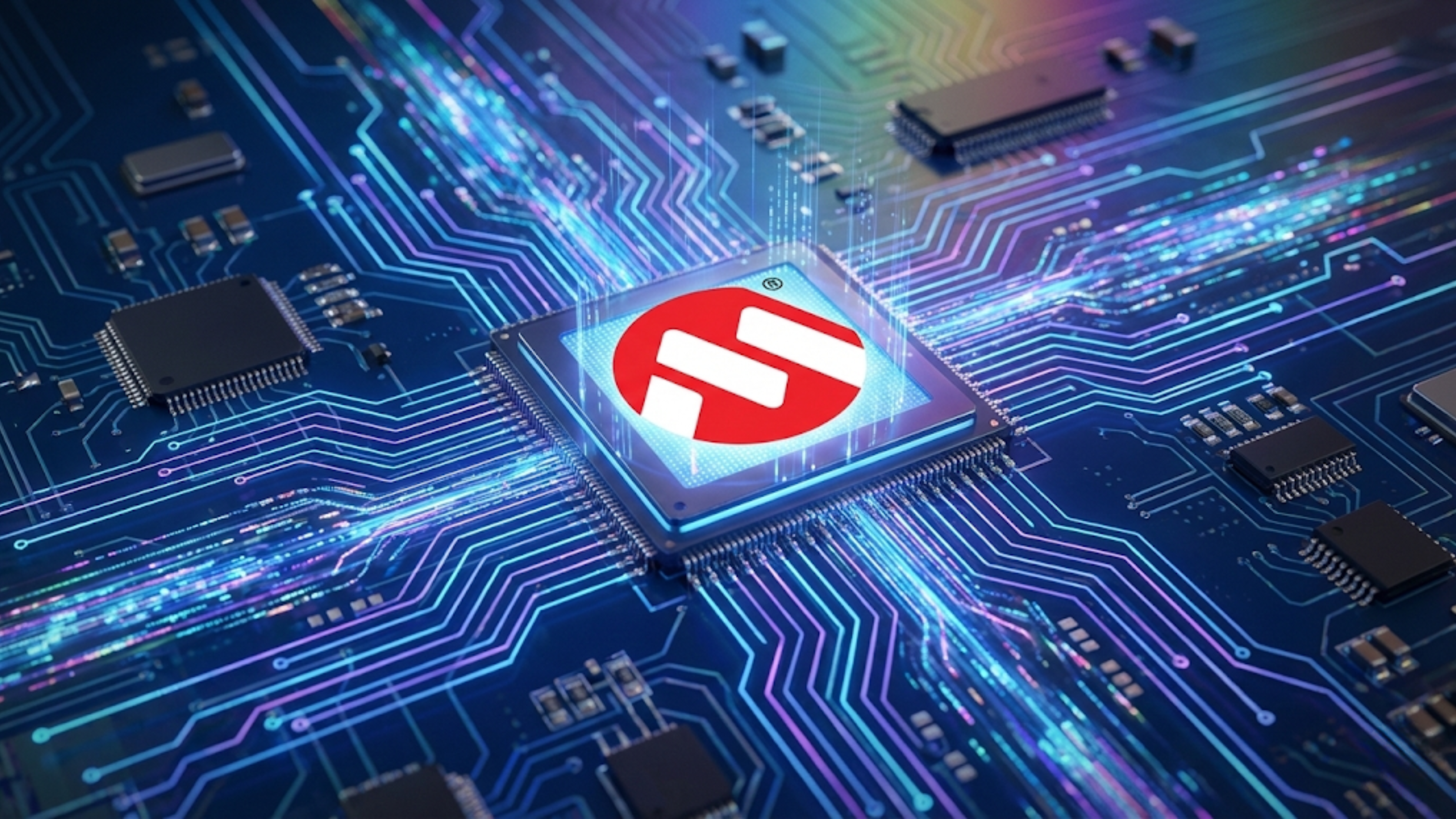 Microchip Technology logo on a semiconductor chip, highlighting AI-driven demand and chip stock outlook.