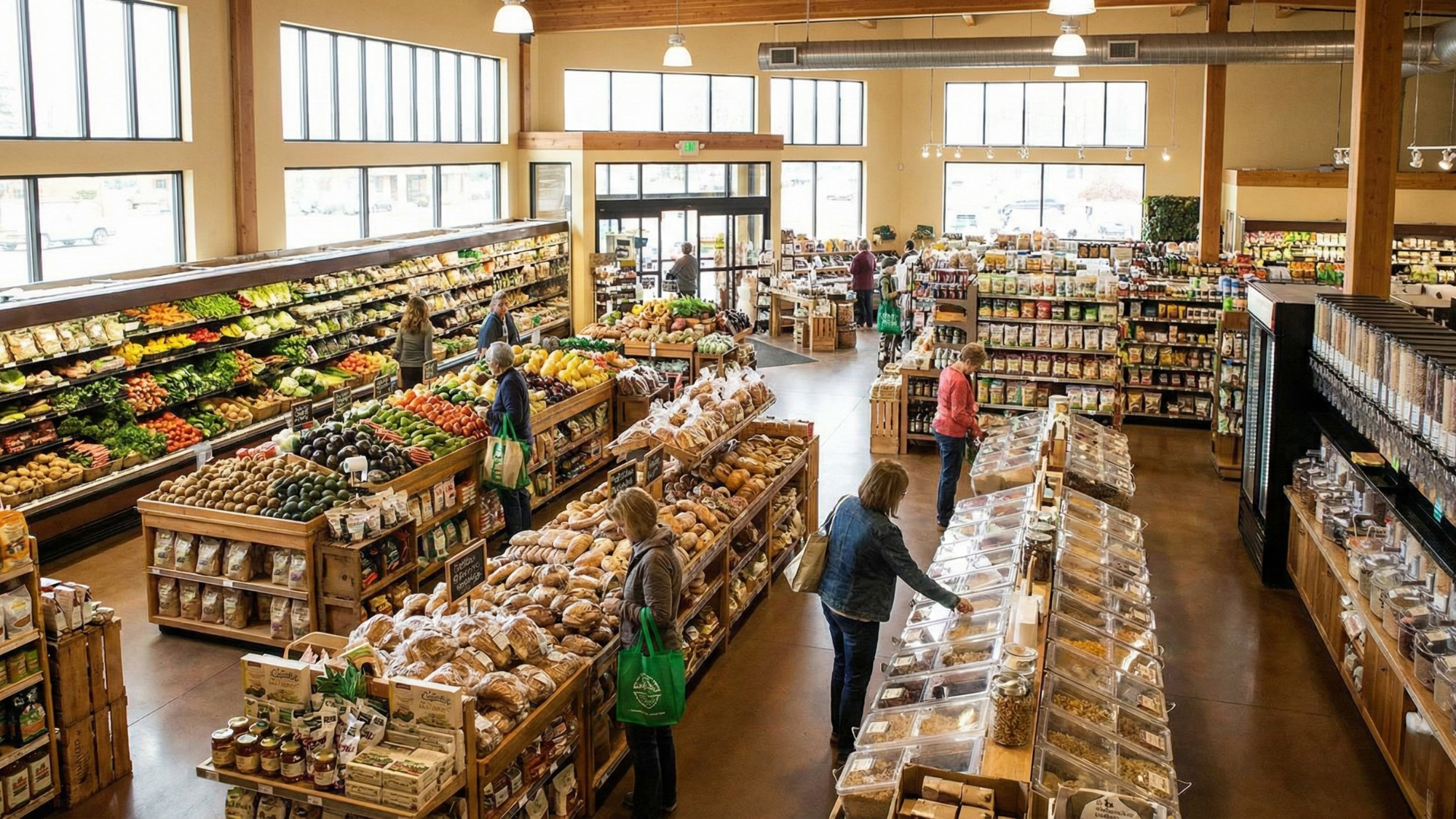 Shoppers browse produce, bread, and bulk bins inside a bright, wood-beam natural grocery store.