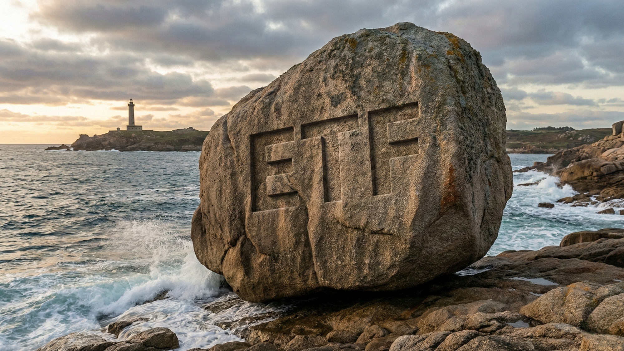 Rock carved with “ETF” on a stormy shoreline, waves crashing nearby and a lighthouse in the distance.