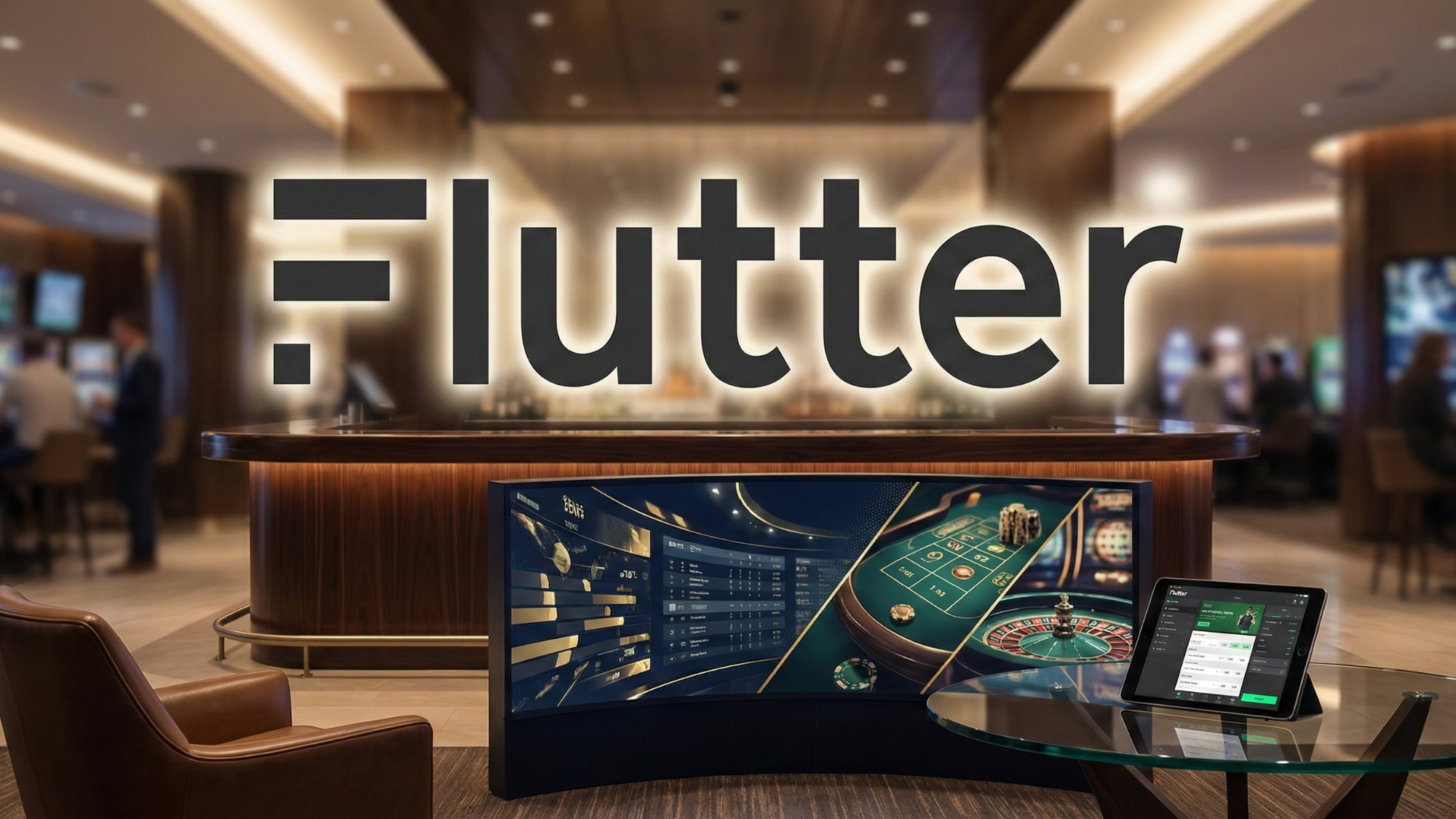 Flutter Entertainment branding over a casino-style sportsbook setting with betting screens and a tablet showing an online wagering interface.