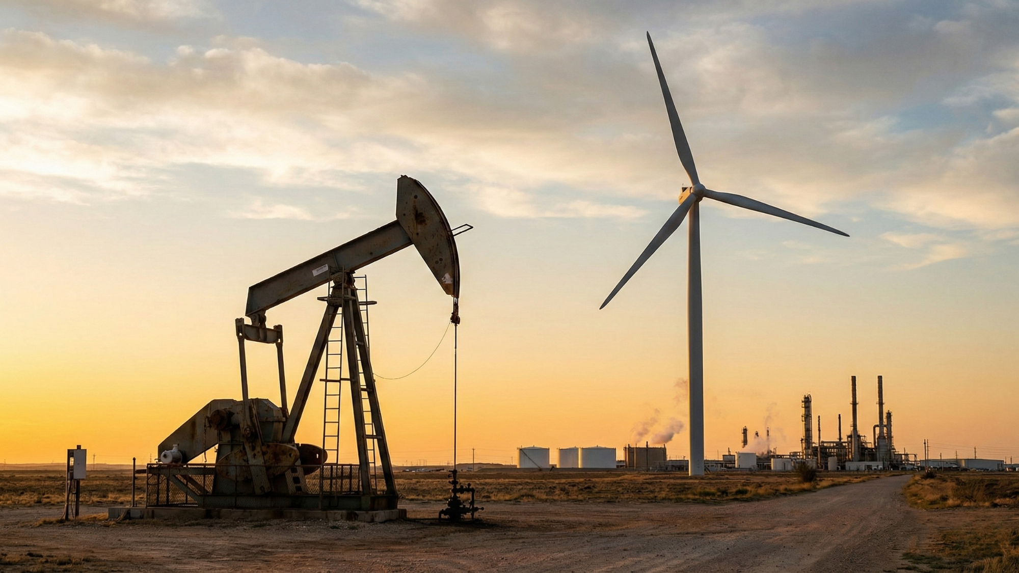 Oil pumpjack beside a wind turbine at sunset, with a refinery and storage tanks in the background.