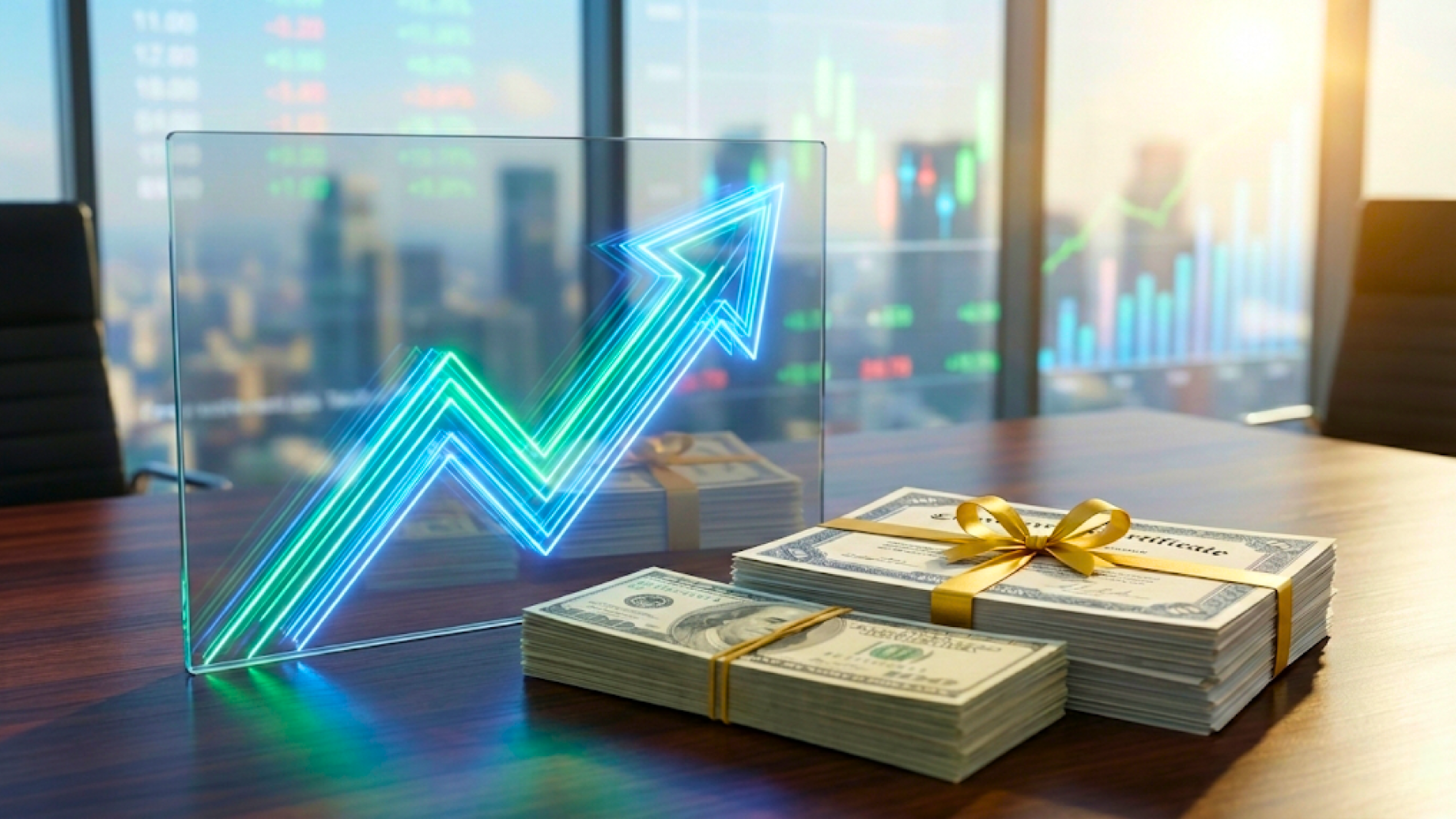 Stacks of cash beside an upward arrow and market charts, highlighting corporate share buybacks surge and stock support.