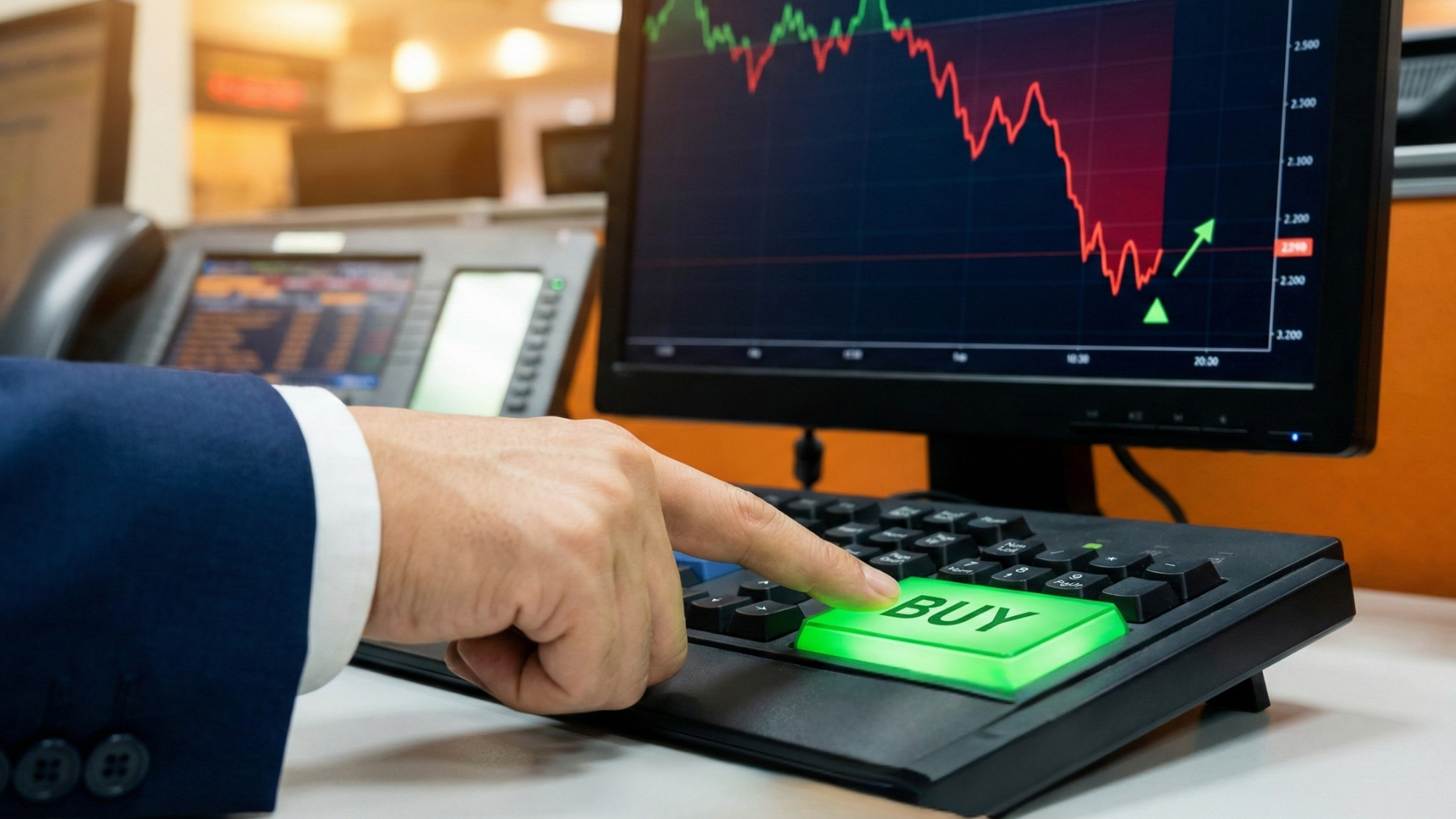 Trader presses buy button as stock chart rebounds, signaling contrarian buying amid sector rotation and pullback risks.