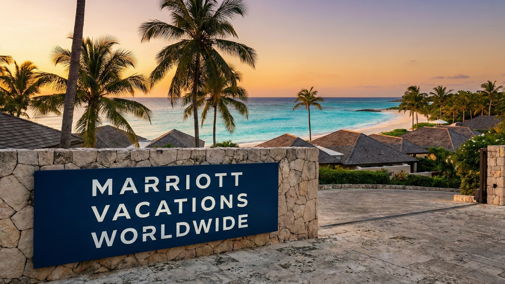 Marriott Vacations Worldwide sign at a tropical resort entrance, with palm trees and an ocean sunset in the background.