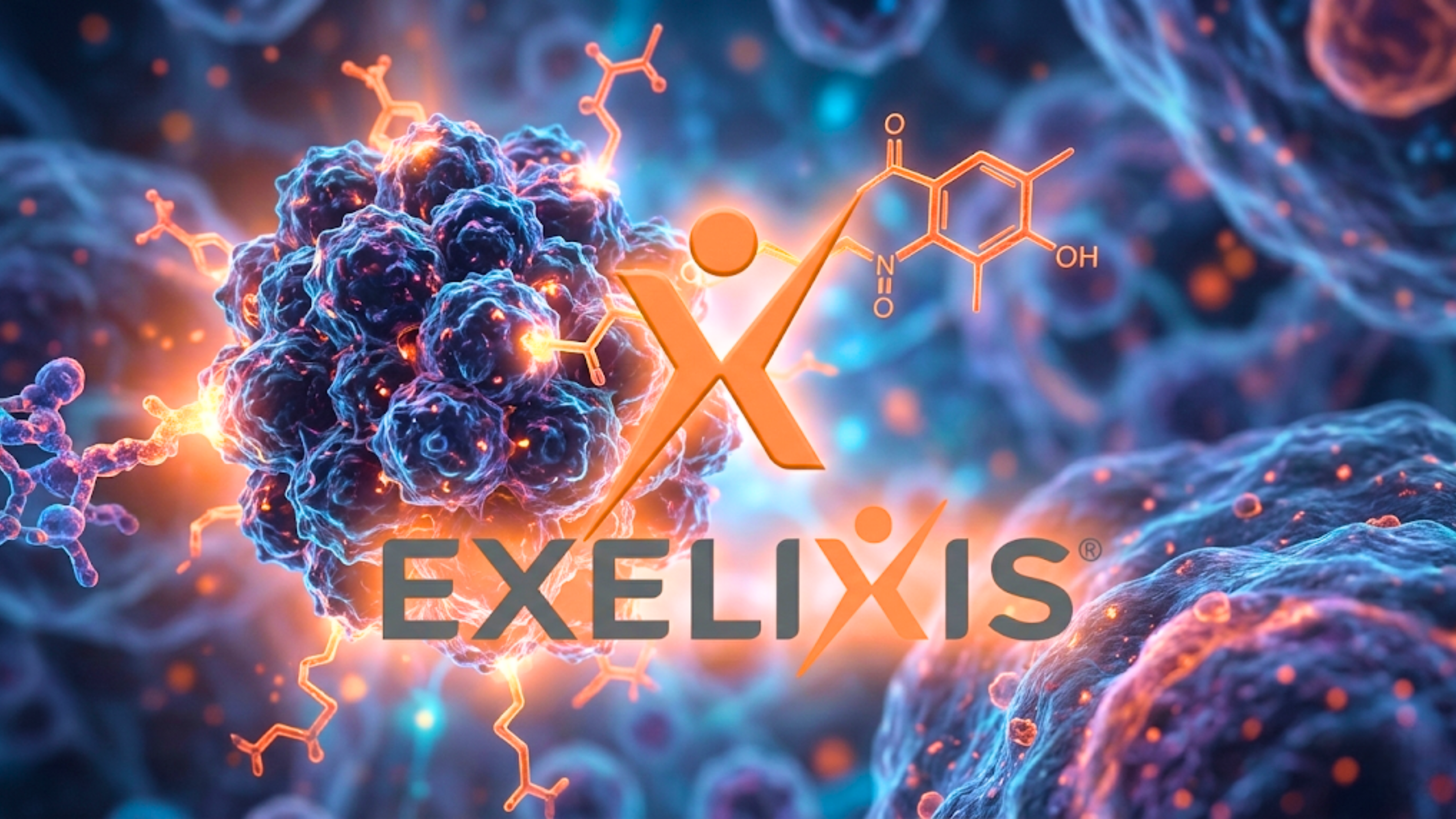 Exelixis logo over cancer cell and molecule graphic, spotlighting biotech oncology pipeline and EXEL stock.