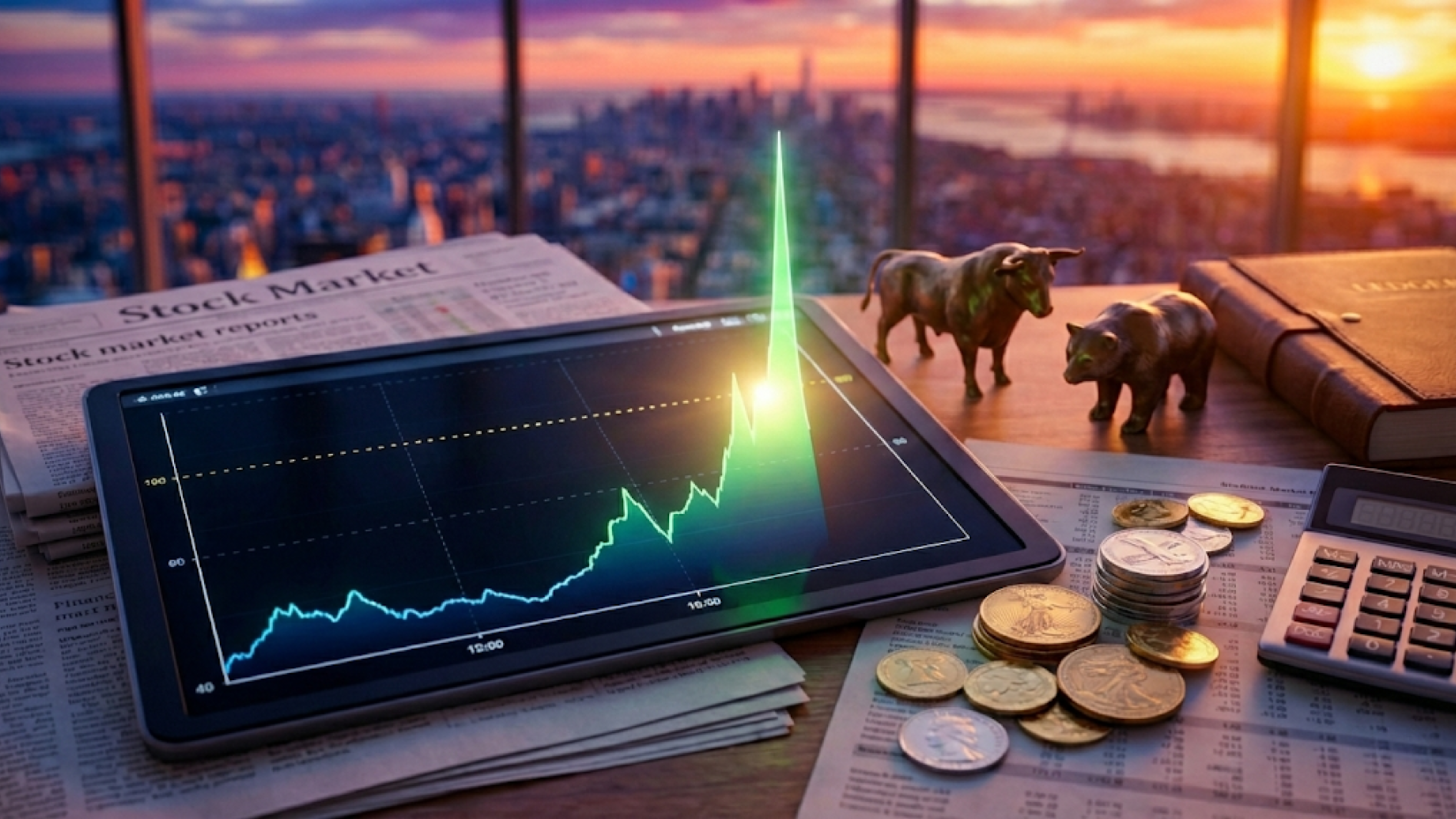 Tablet stock chart spikes beside bull and bear figures and coins, signaling earnings-driven market rally sentiment.