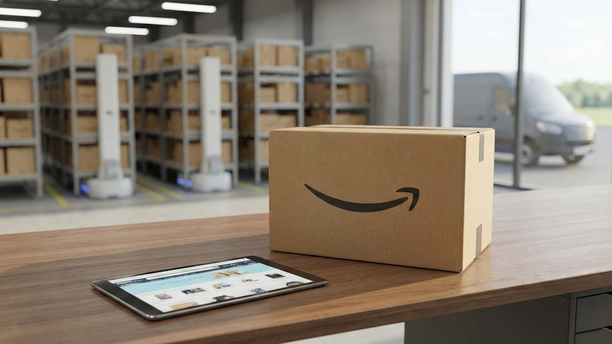 Amazon-branded shipping box in a warehouse, highlighting Amazon stock oversold conditions and investor jitters.