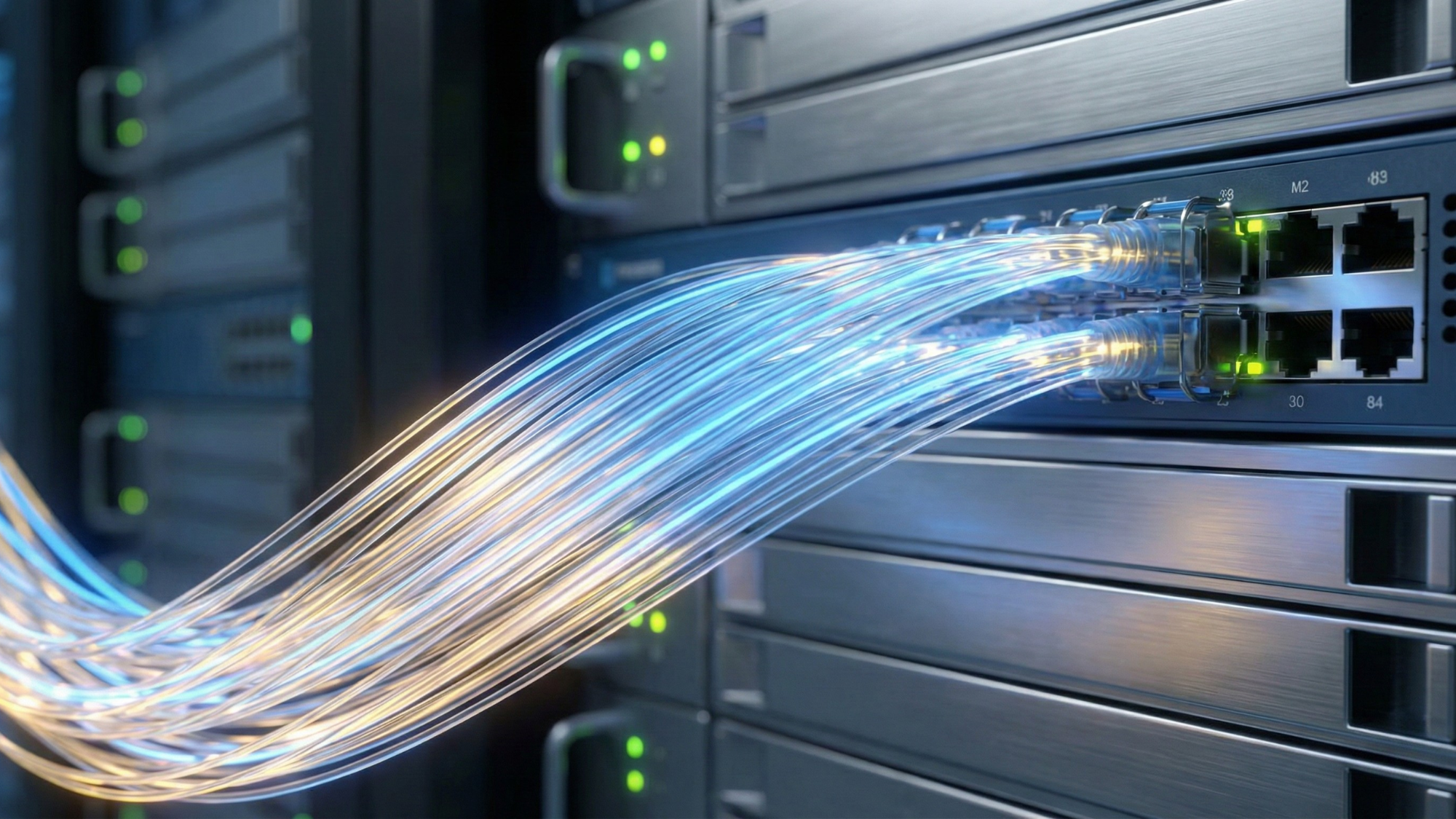 High-speed fiber optic cables plugged into a data center switch, glowing light trails signaling AI networking demand.