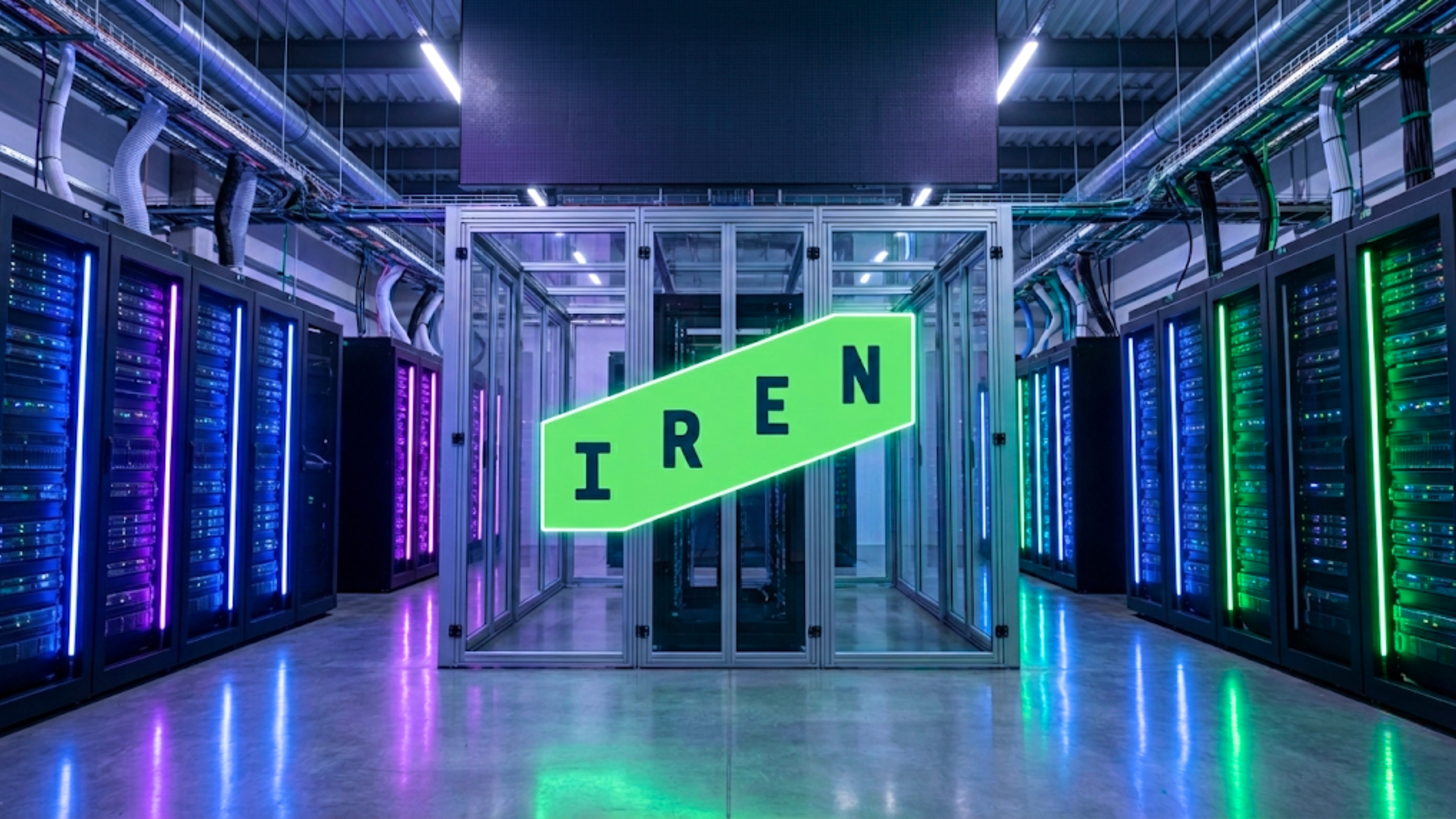 IREN logo in a data center aisle of server racks, highlighting crypto mining operations and AI compute expansion.