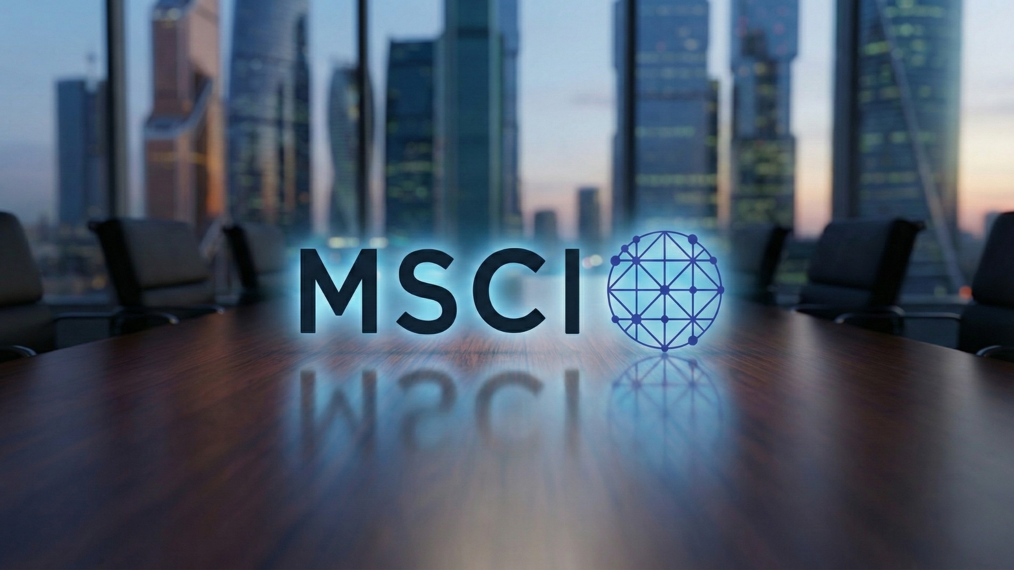 MSCI logo glowing above a conference room table, with a blurred city skyline visible through large windows.