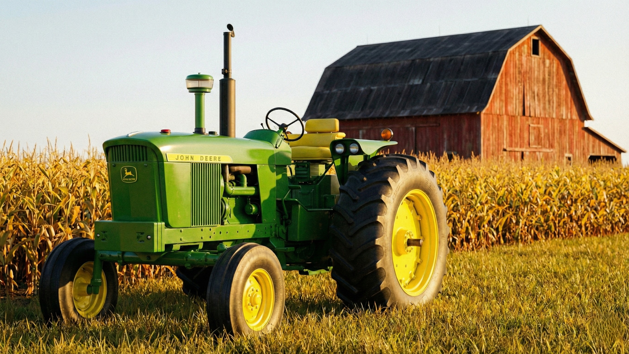 Green John Deere tractor parked by a cornfield with a red barn in the background at sunset.